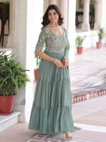 Fabulous Green Sequins Georgette Festive Wear Gown With Dupatta