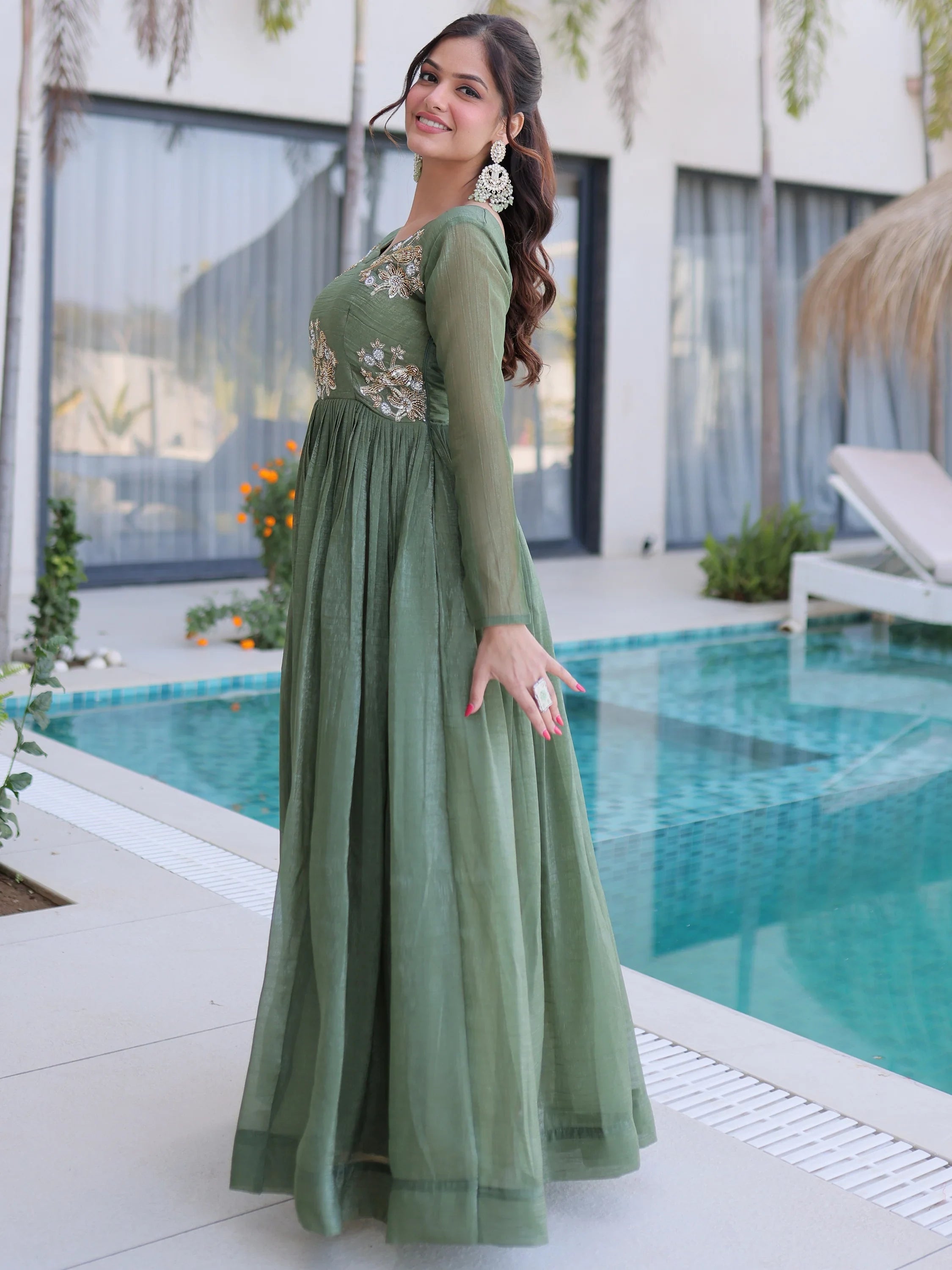 Green Fascinating Bead Work Georgette Mehendi Wear Gown
