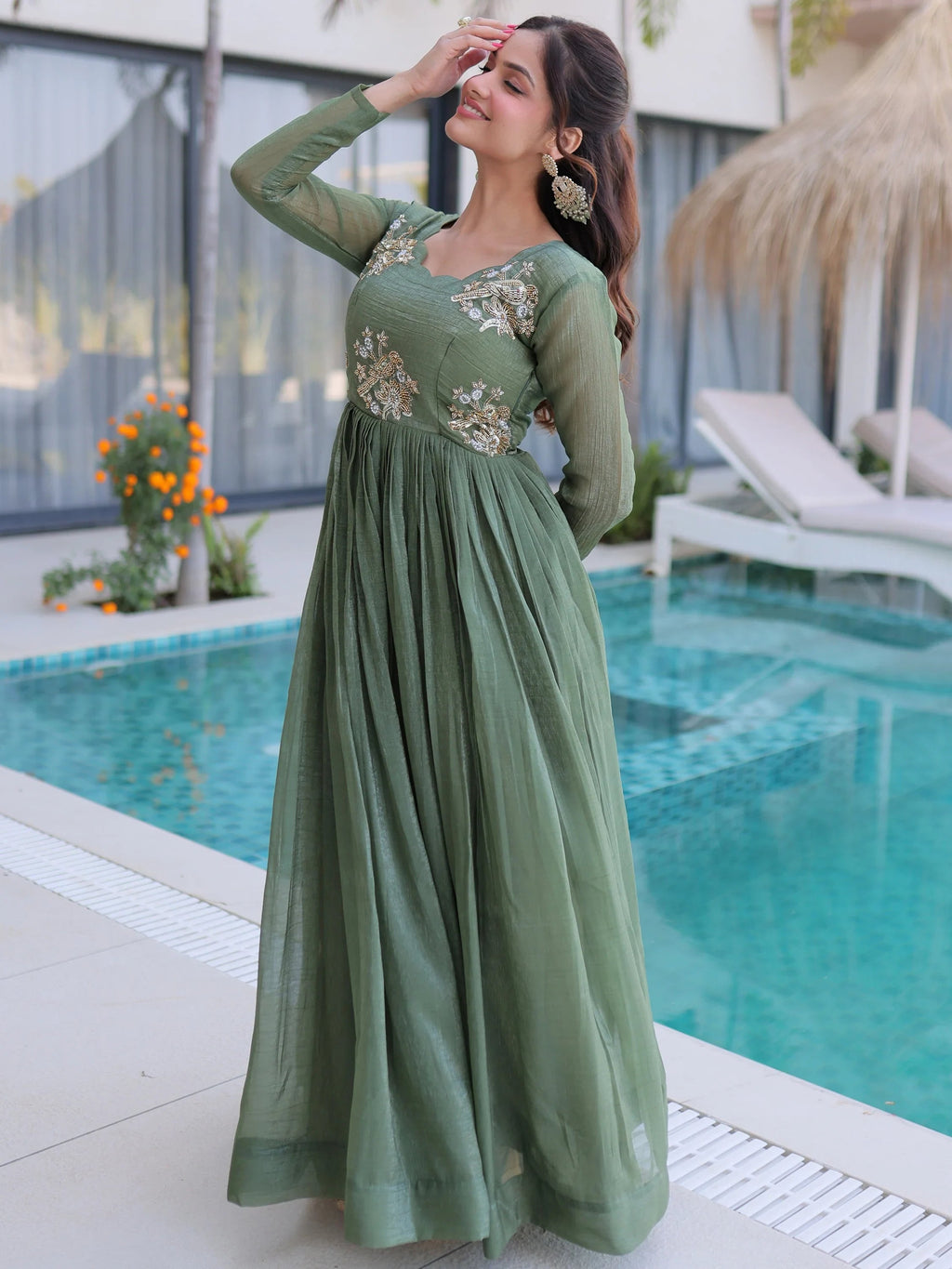 Green Fascinating Bead Work Georgette Mehendi Wear Gown
