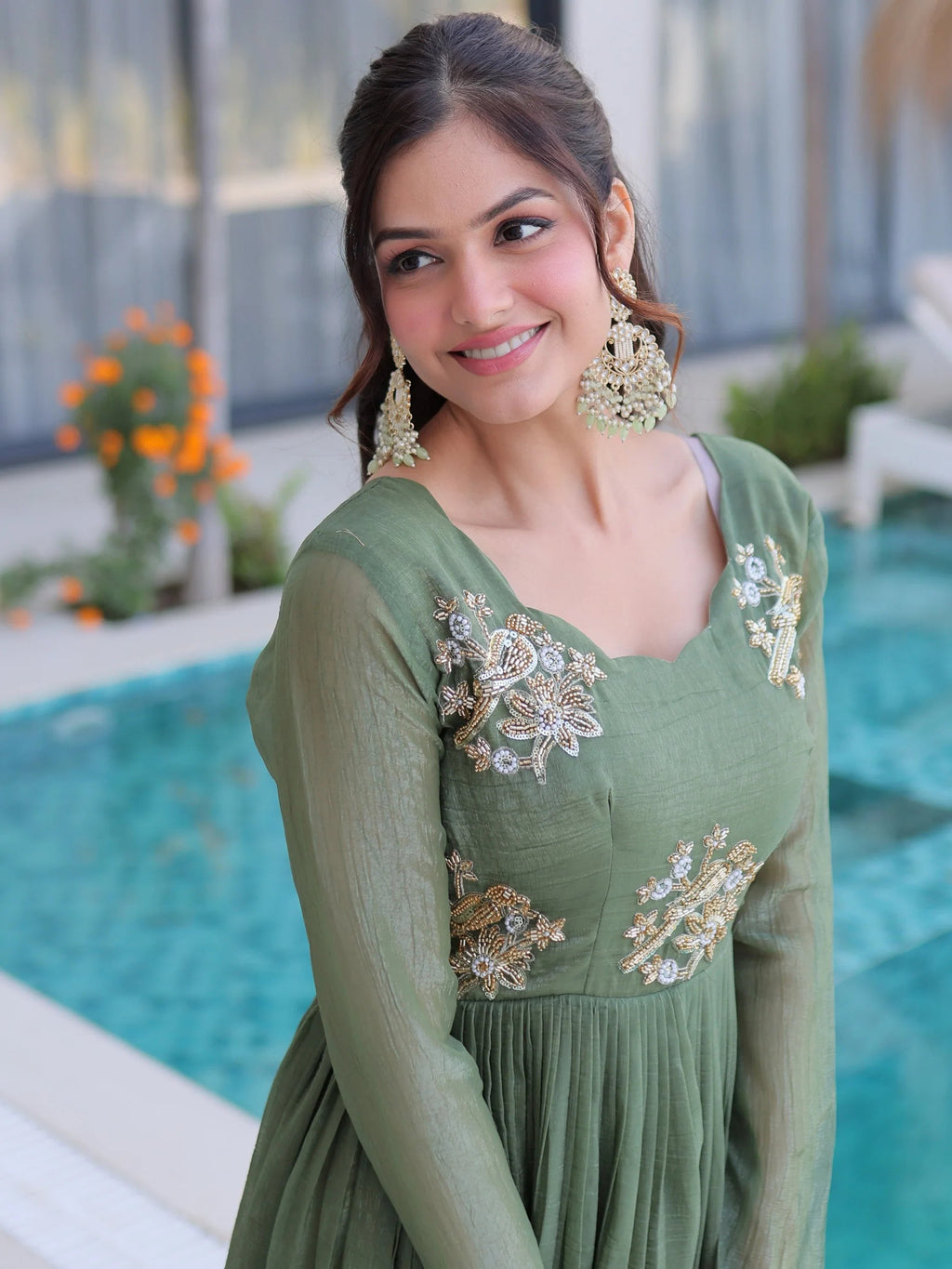 Green Fascinating Bead Work Georgette Mehendi Wear Gown
