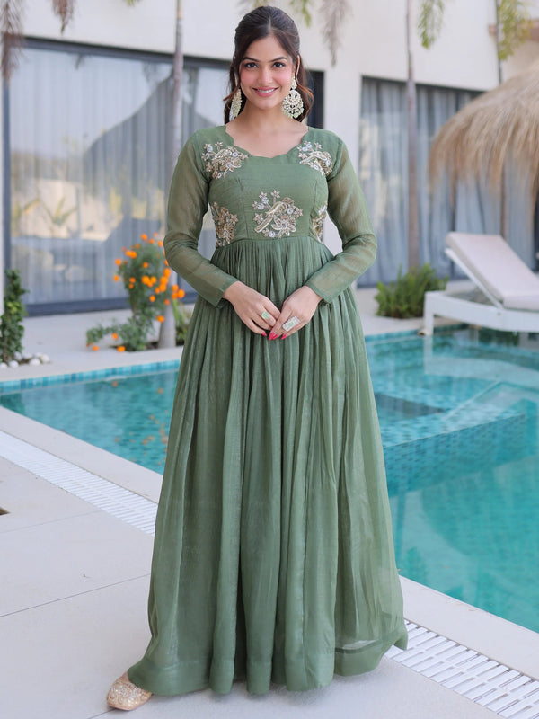 Green Fascinating Bead Work Georgette Mehendi Wear Gown