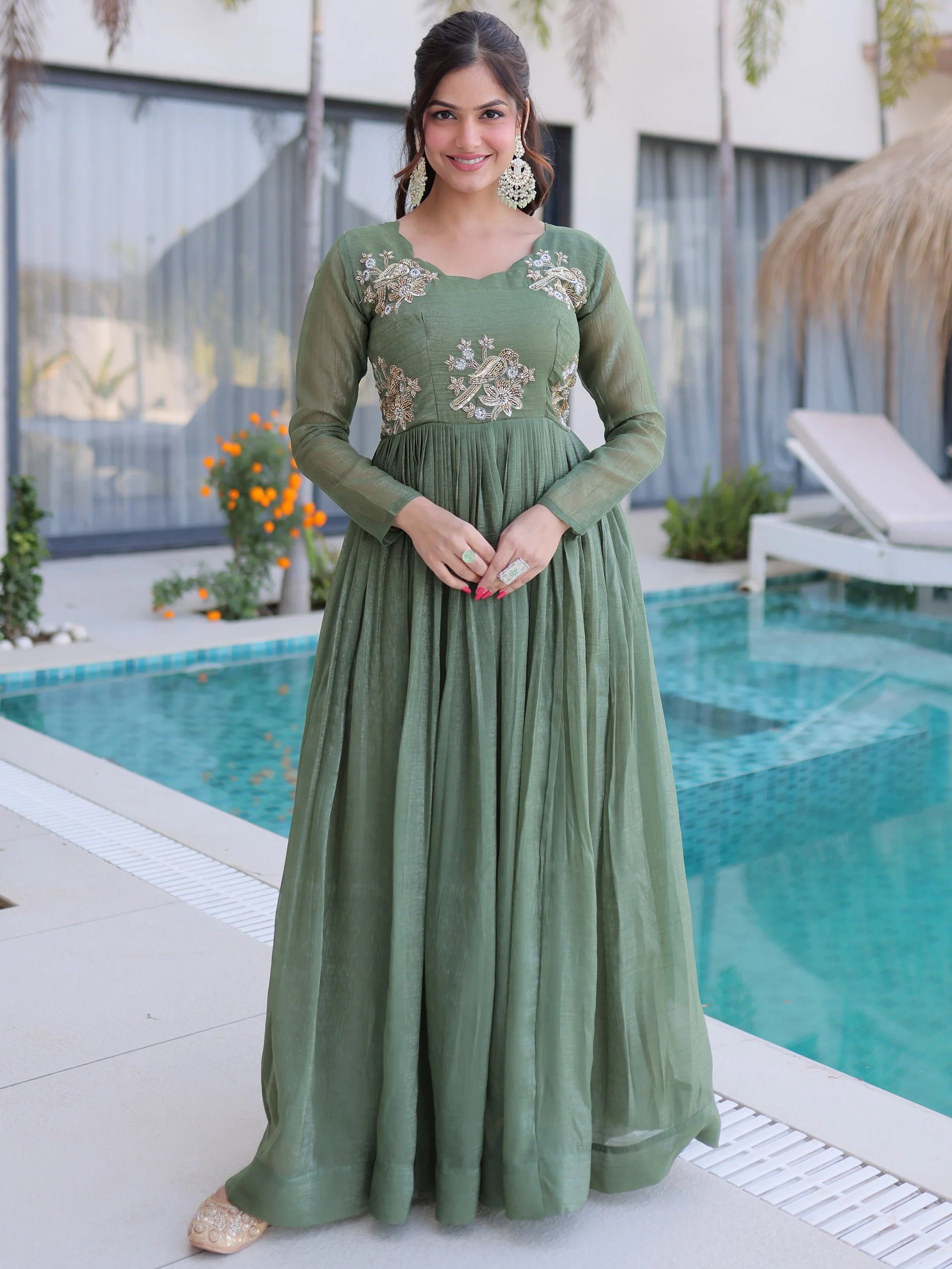 Green Fascinating Bead Work Georgette Mehendi Wear Gown