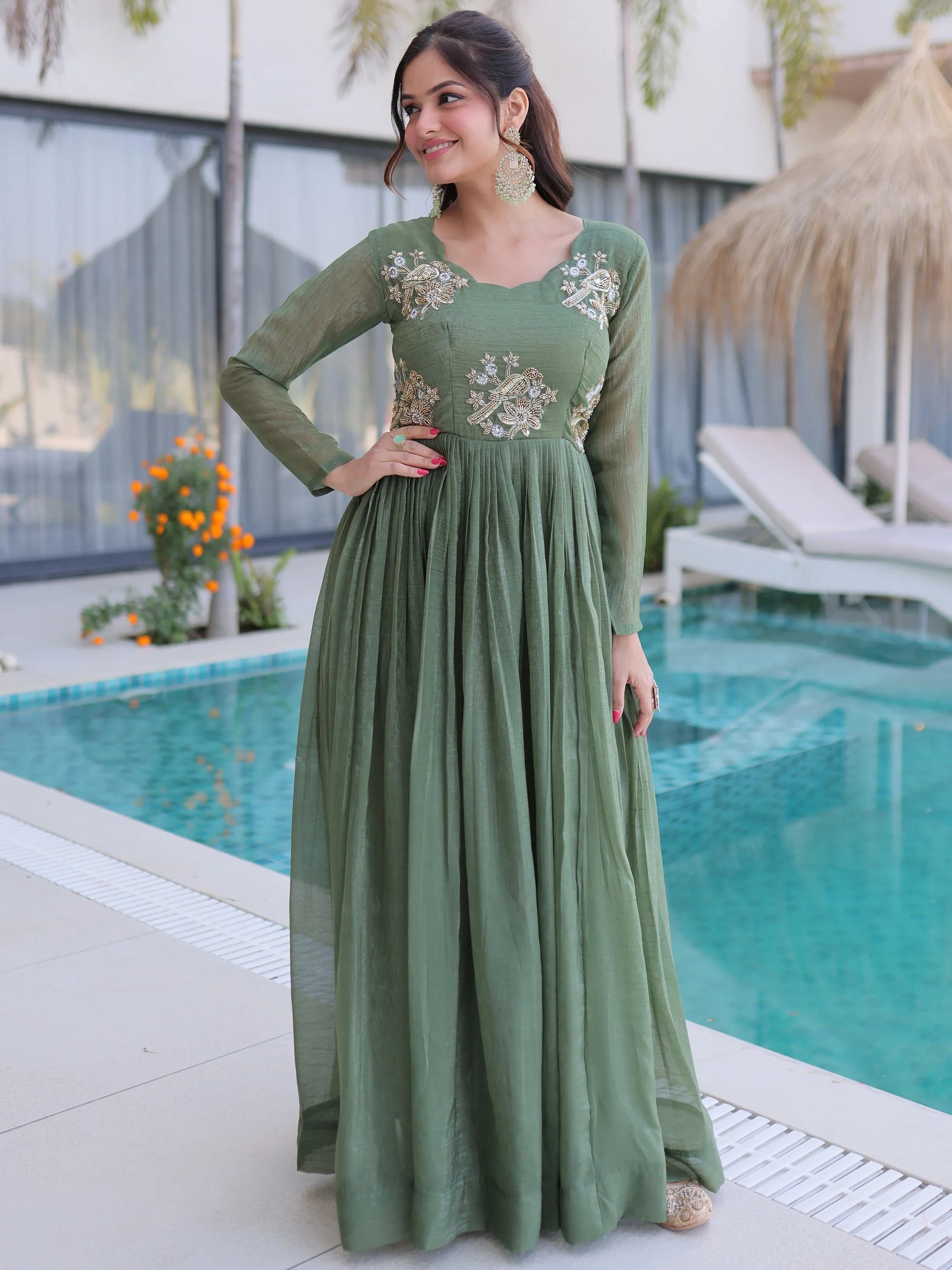 Green Fascinating Bead Work Georgette Mehendi Wear Gown