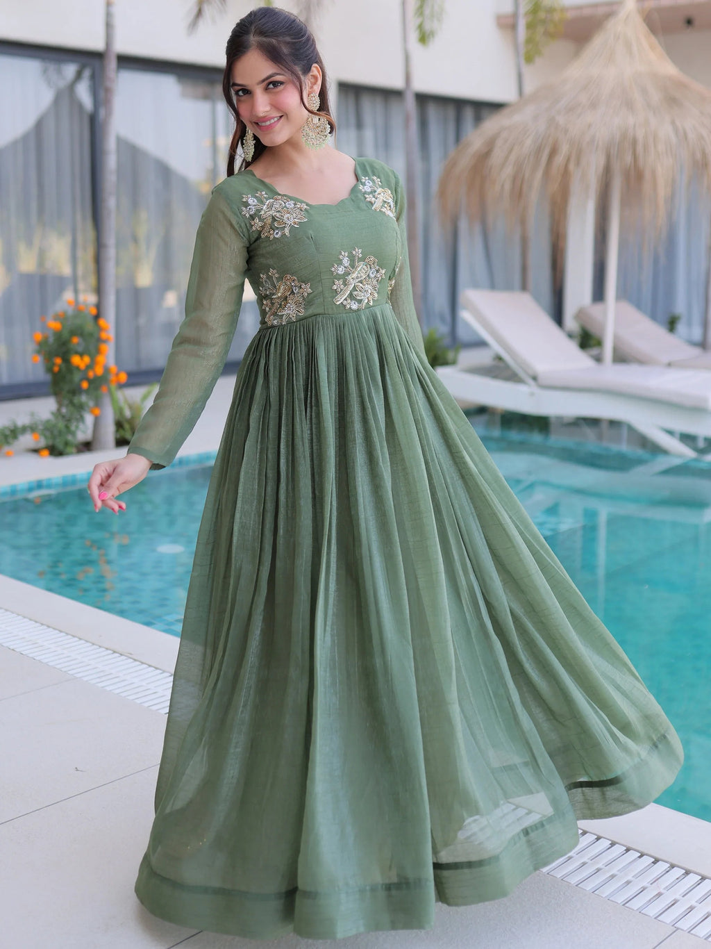 Green Fascinating Bead Work Georgette Mehendi Wear Gown