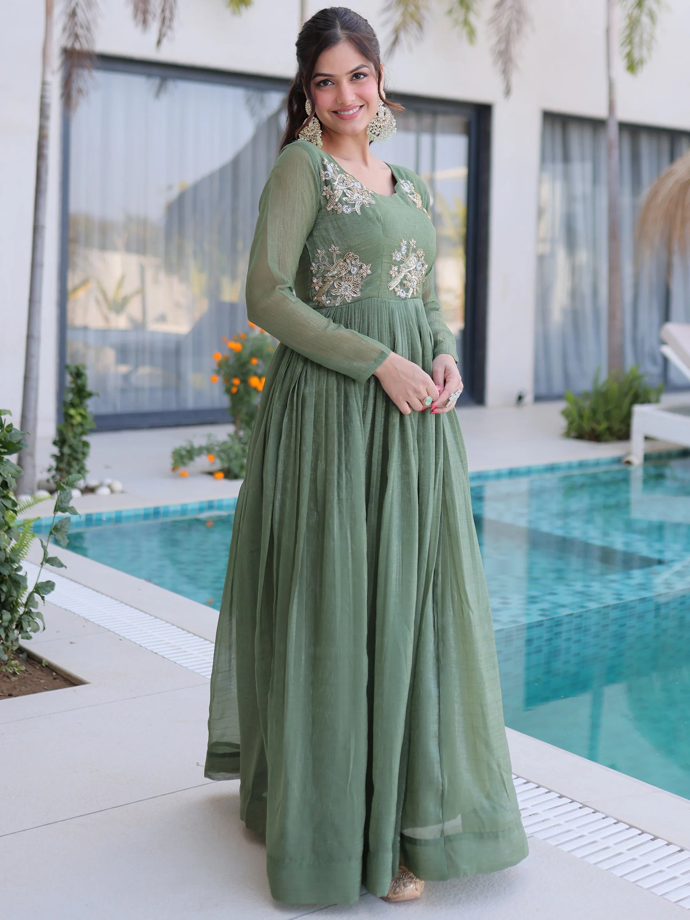 Green Fascinating Bead Work Georgette Mehendi Wear Gown