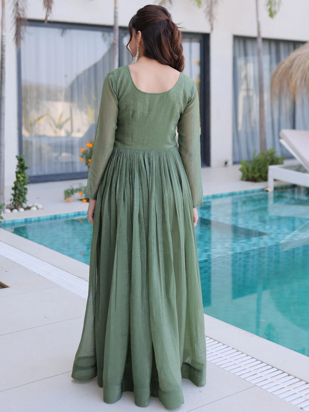 Green Fascinating Bead Work Georgette Mehendi Wear Gown