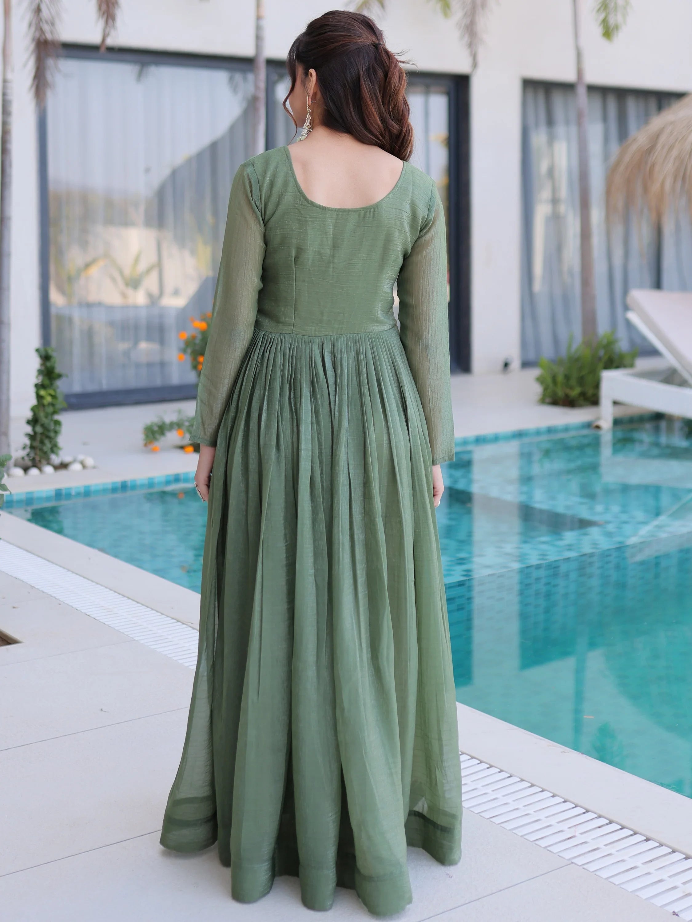 Green Fascinating Bead Work Georgette Mehendi Wear Gown