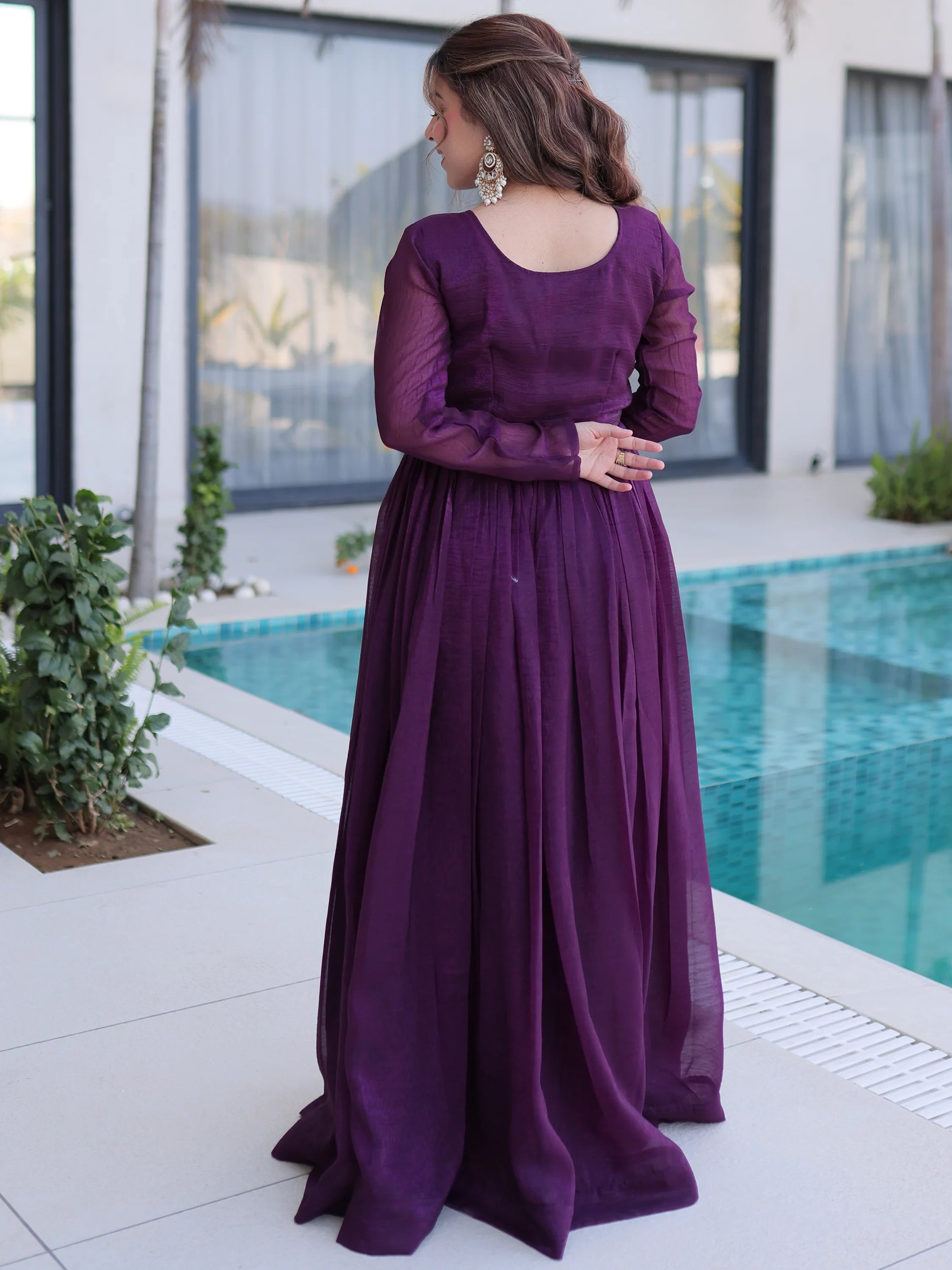 Wine Fascinating Bead Work Georgette Mehendi Wear Gown