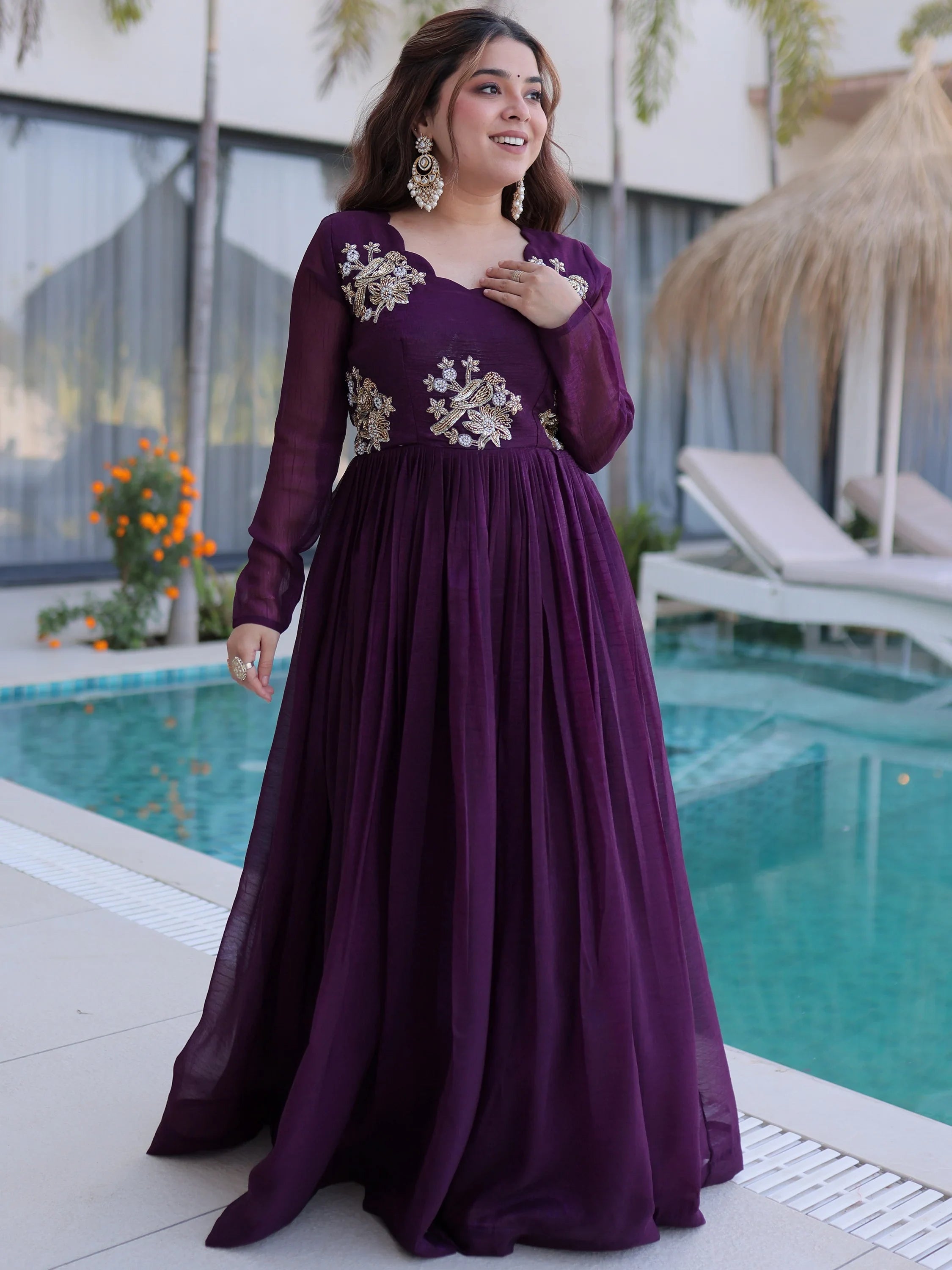 Wine Fascinating Bead Work Georgette Mehendi Wear Gown