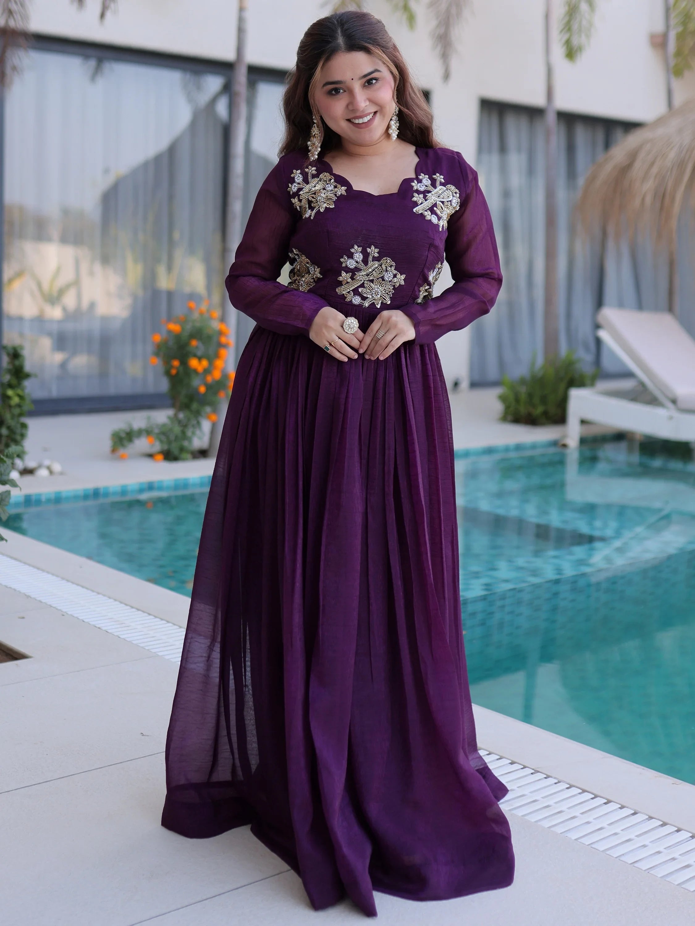 Wine Fascinating Bead Work Georgette Mehendi Wear Gown