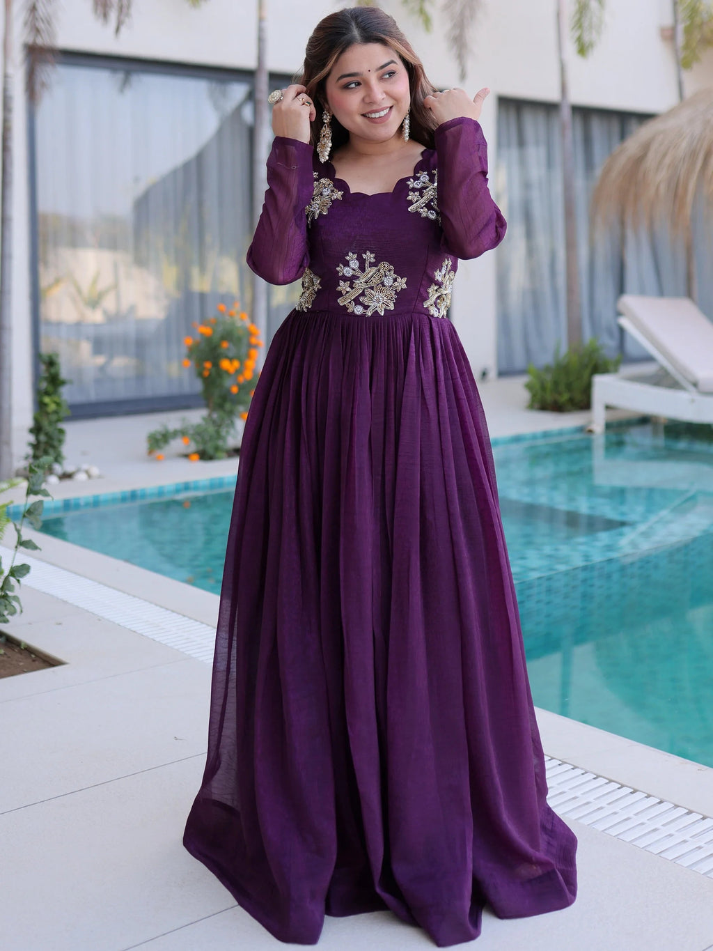 Wine Fascinating Bead Work Georgette Mehendi Wear Gown