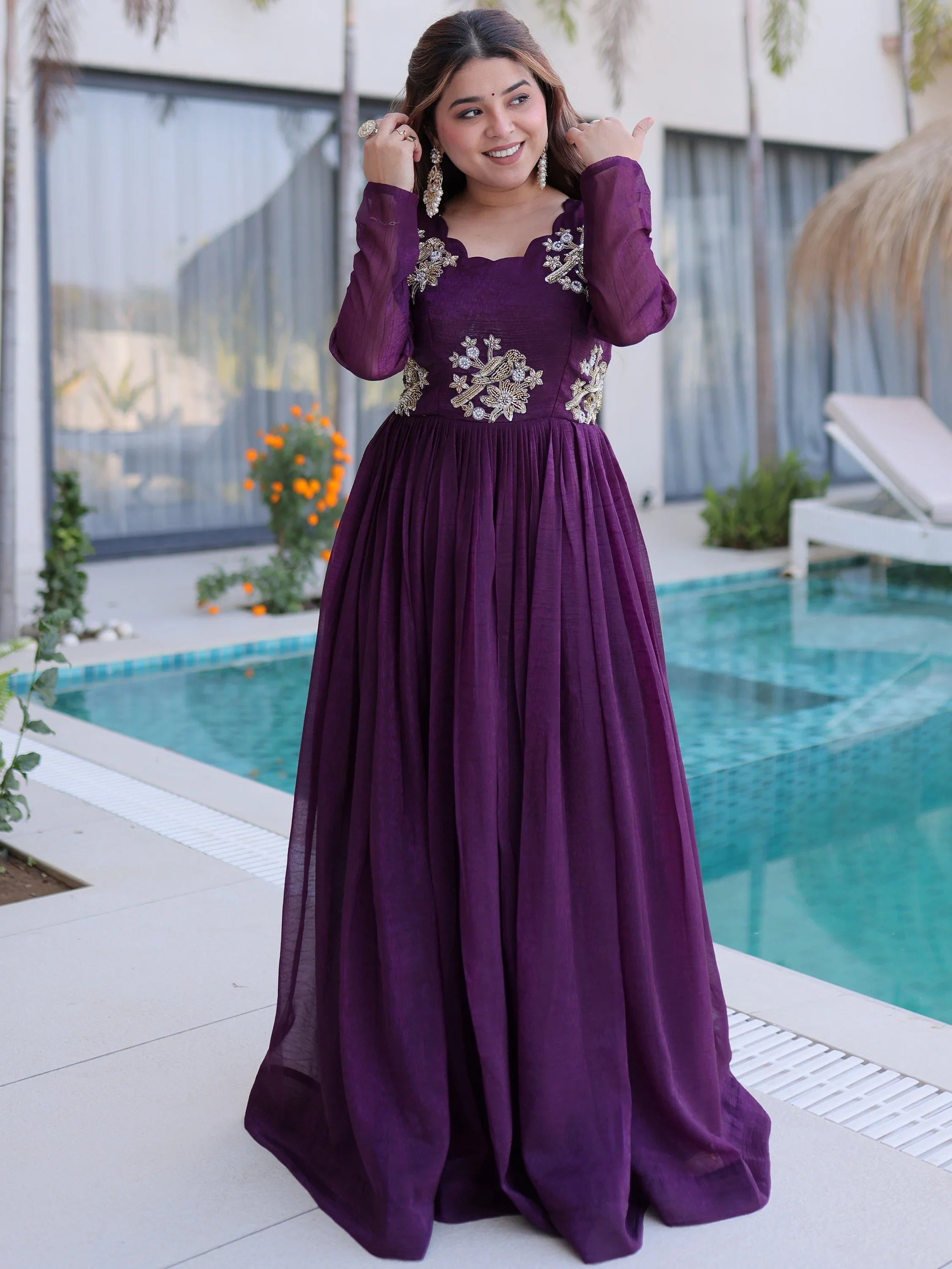 Wine Fascinating Bead Work Georgette Mehendi Wear Gown