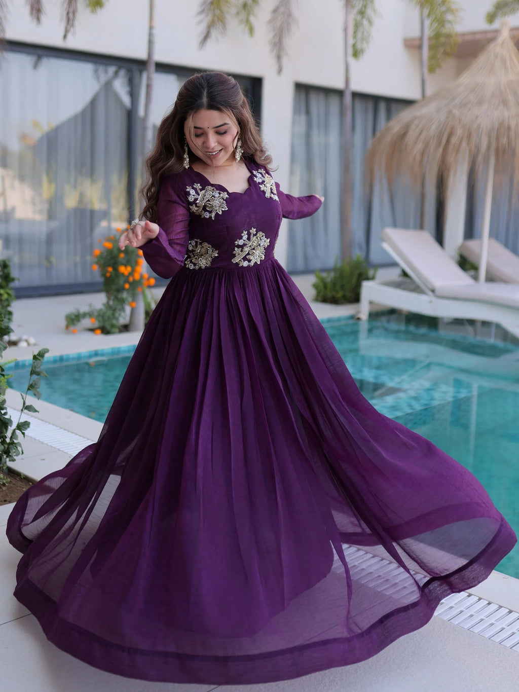Wine Fascinating Bead Work Georgette Mehendi Wear Gown
