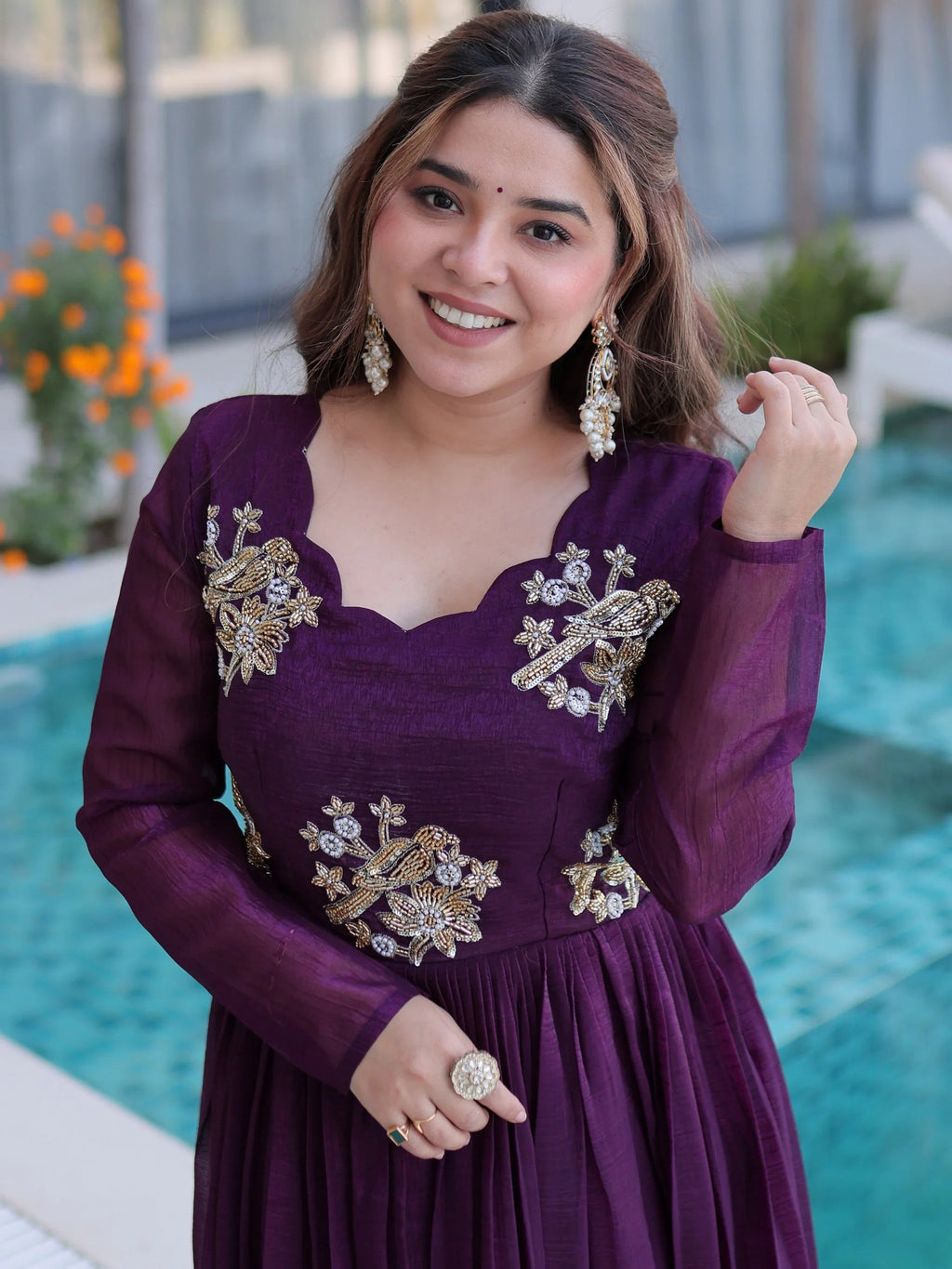 Wine Fascinating Bead Work Georgette Mehendi Wear Gown