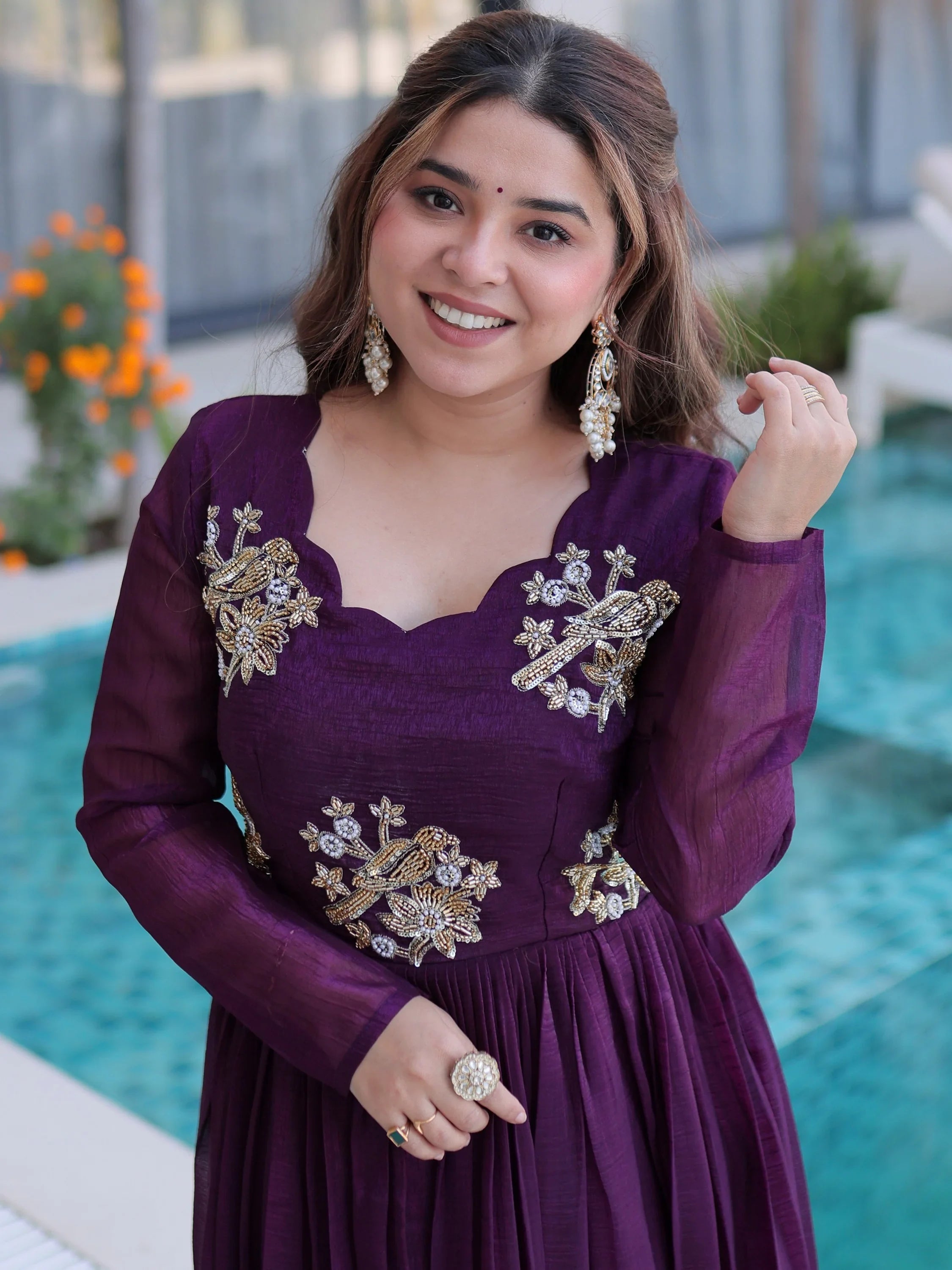 Wine Fascinating Bead Work Georgette Mehendi Wear Gown