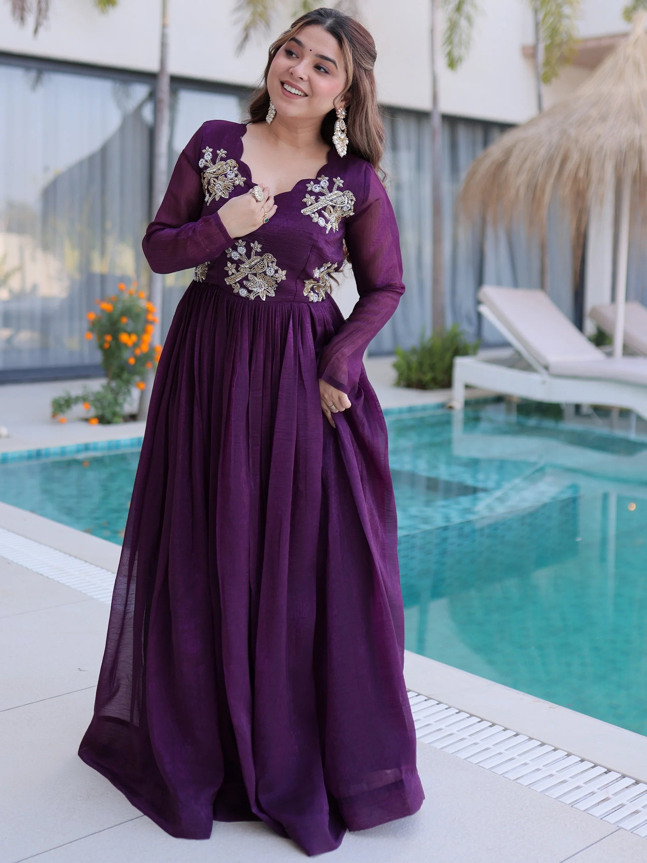 Wine Fascinating Bead Work Georgette Mehendi Wear Gown