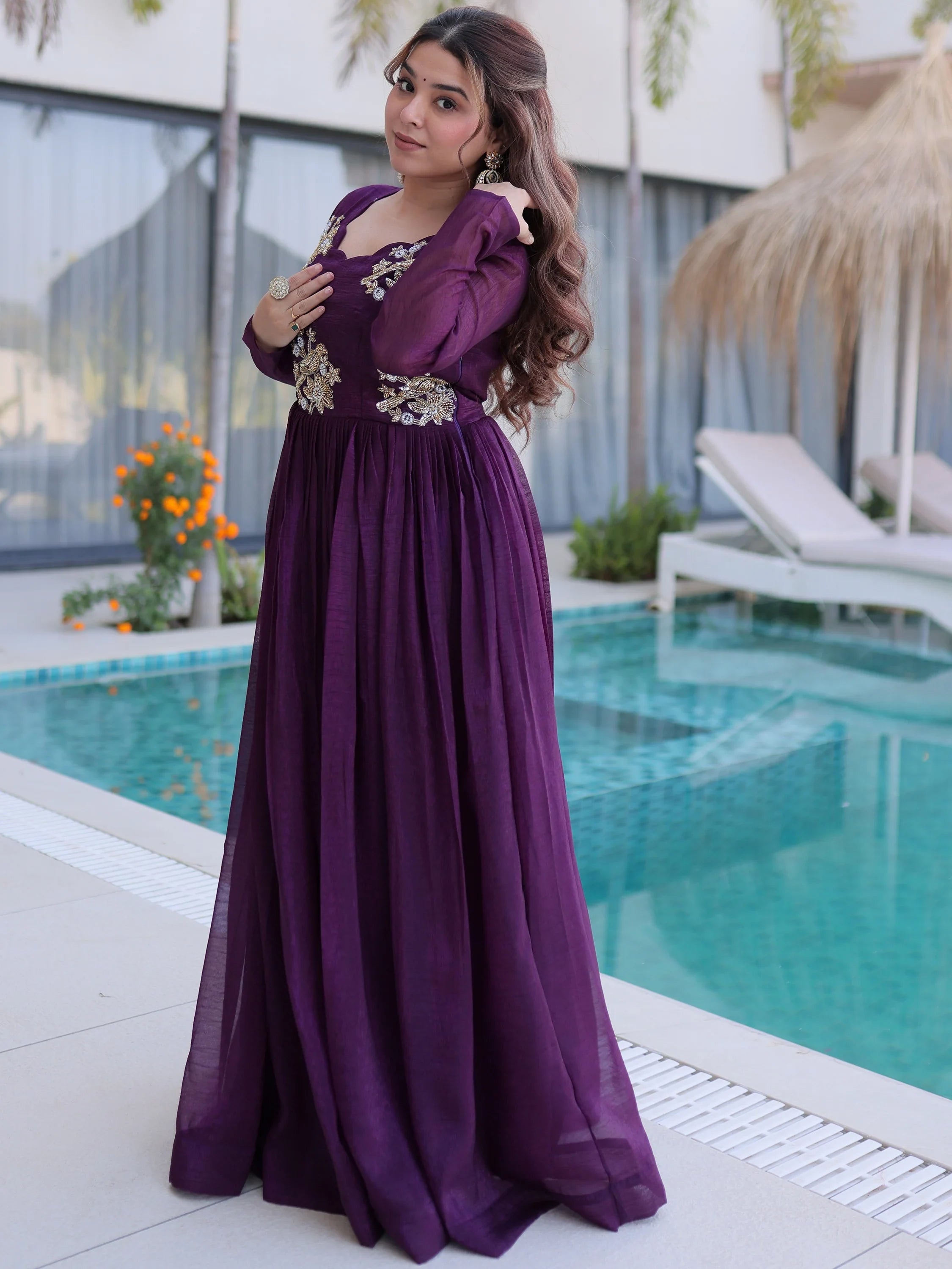 Wine Fascinating Bead Work Georgette Mehendi Wear Gown