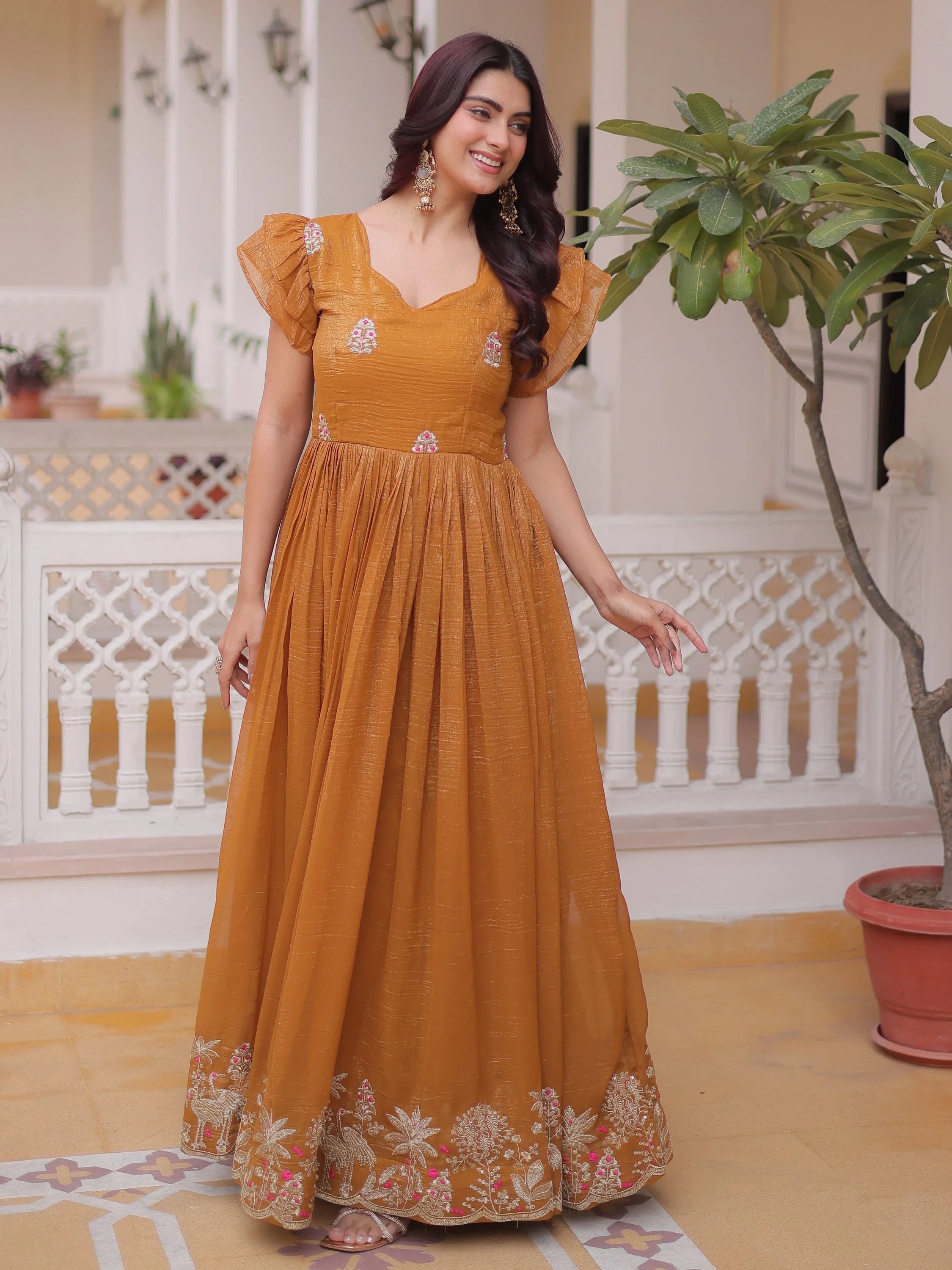Precious Yellow Sequins Organza Haldi Wear Gown