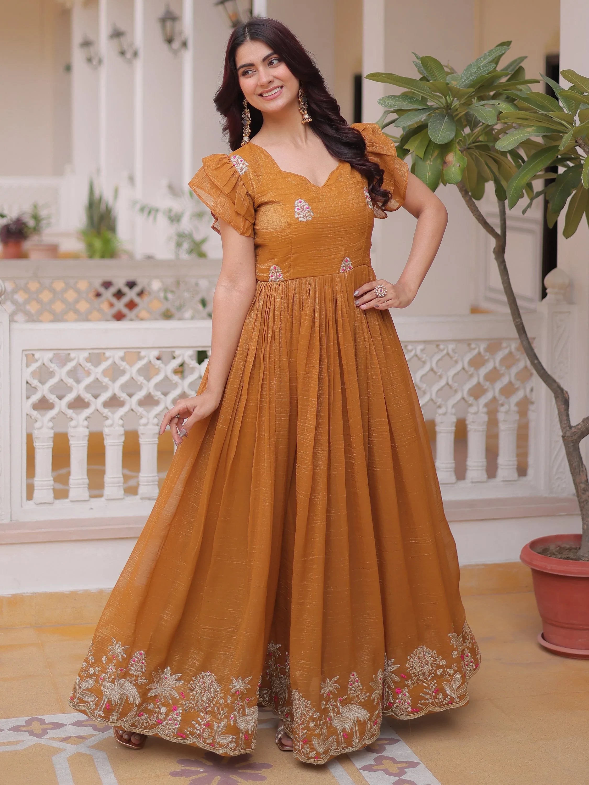 Precious Yellow Sequins Organza Haldi Wear Gown