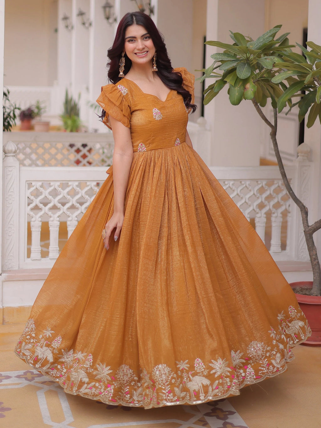 Precious Yellow Sequins Organza Haldi Wear Gown