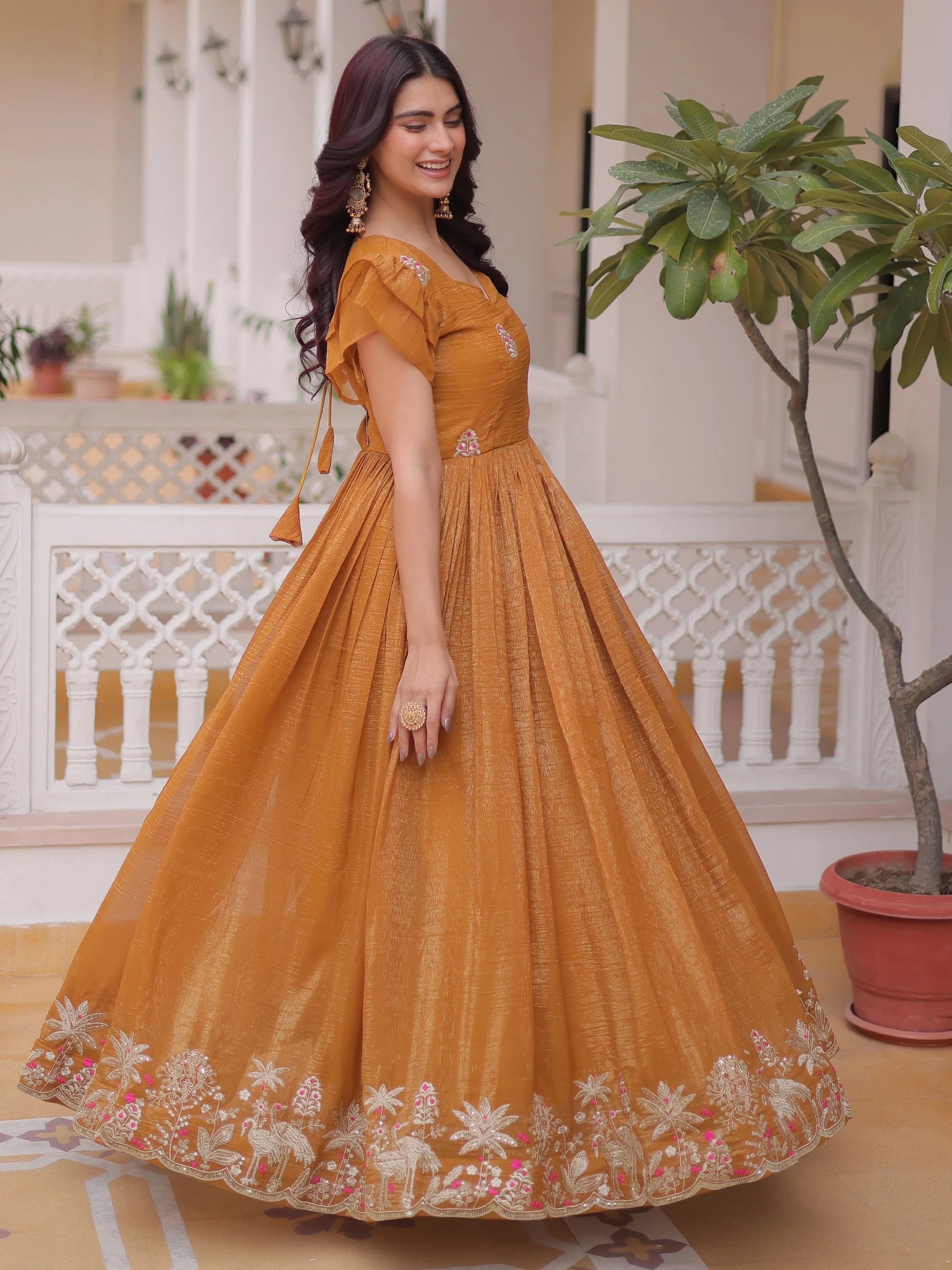 Precious Yellow Sequins Organza Haldi Wear Gown