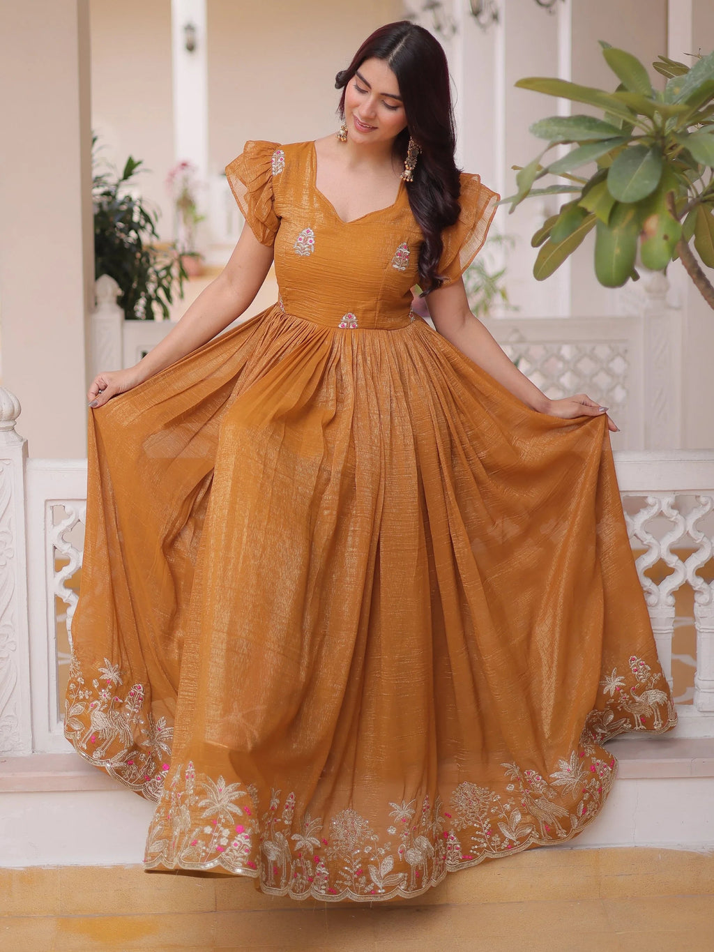 Precious Yellow Sequins Organza Haldi Wear Gown