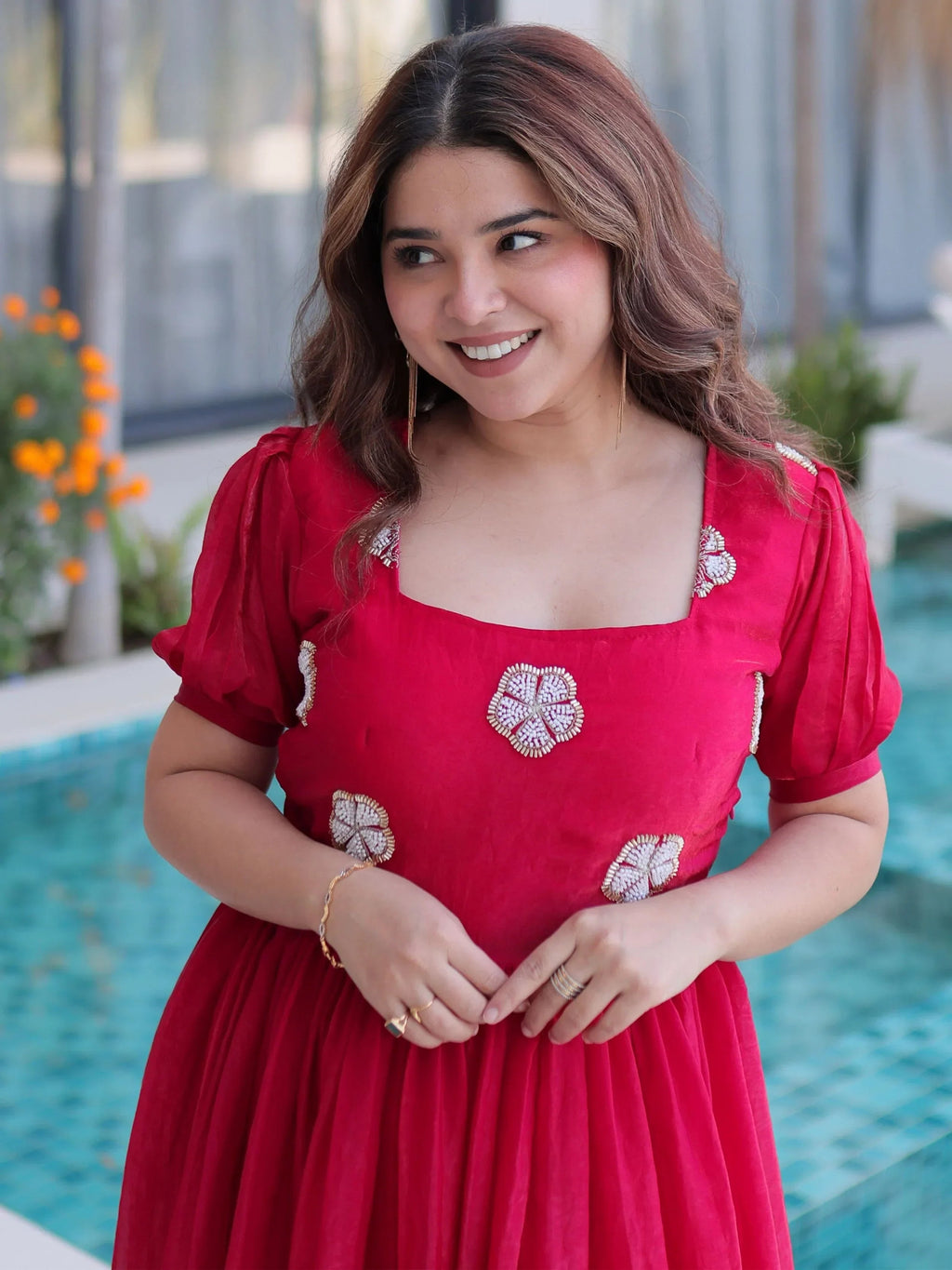Pink Adorable Beads Work Silk Casual Wear Dress