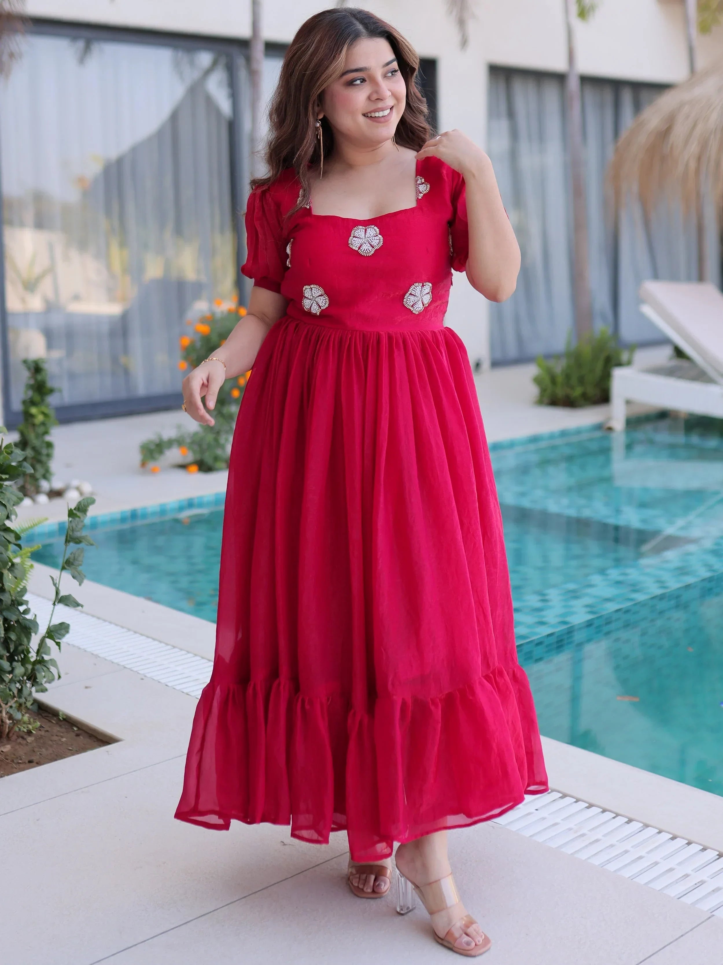 Pink Adorable Beads Work Silk Casual Wear Dress
