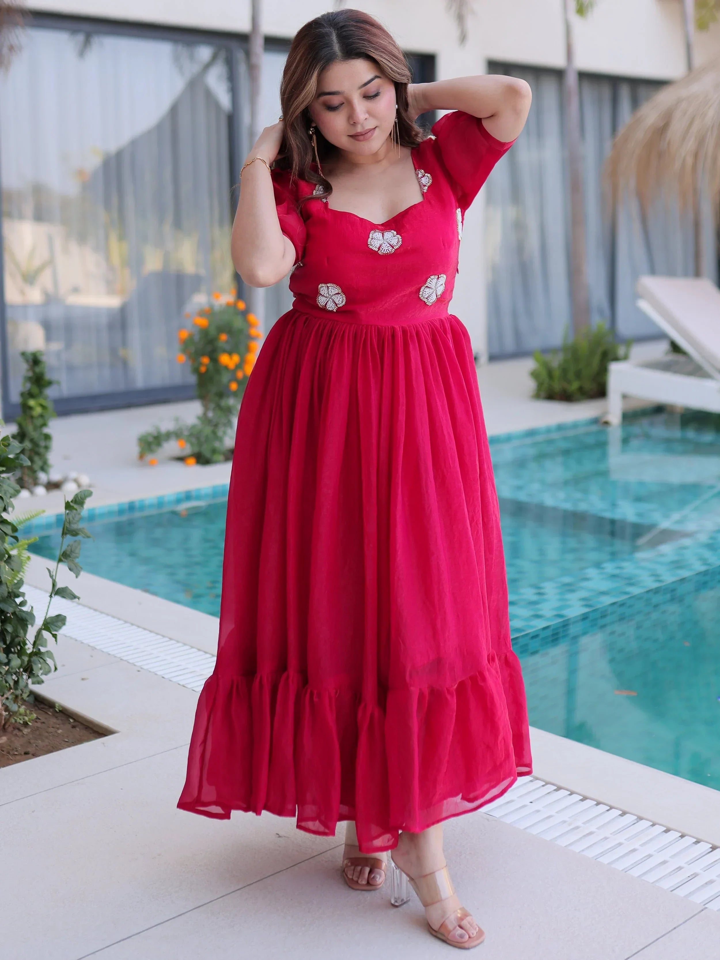 Pink Adorable Beads Work Silk Casual Wear Dress