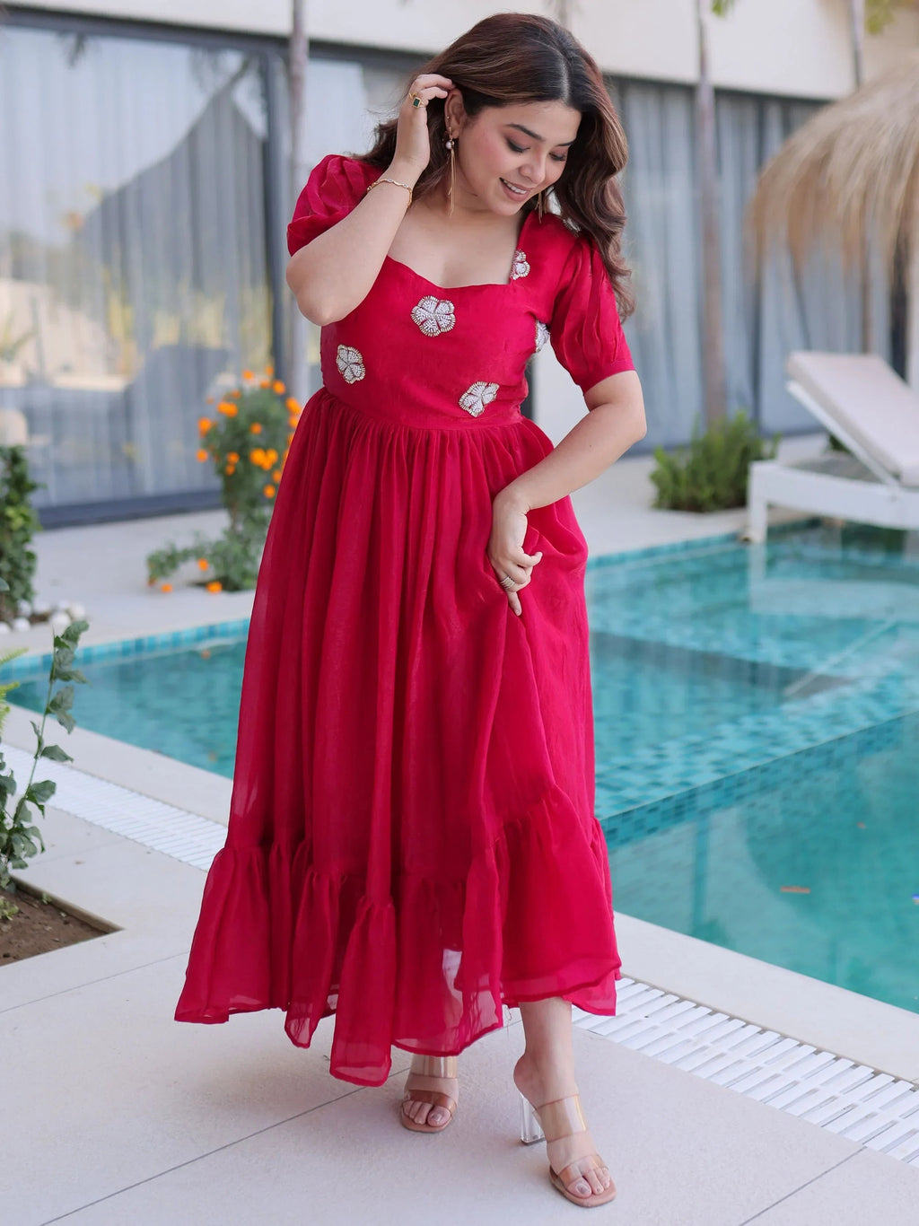 Pink Adorable Beads Work Silk Casual Wear Dress