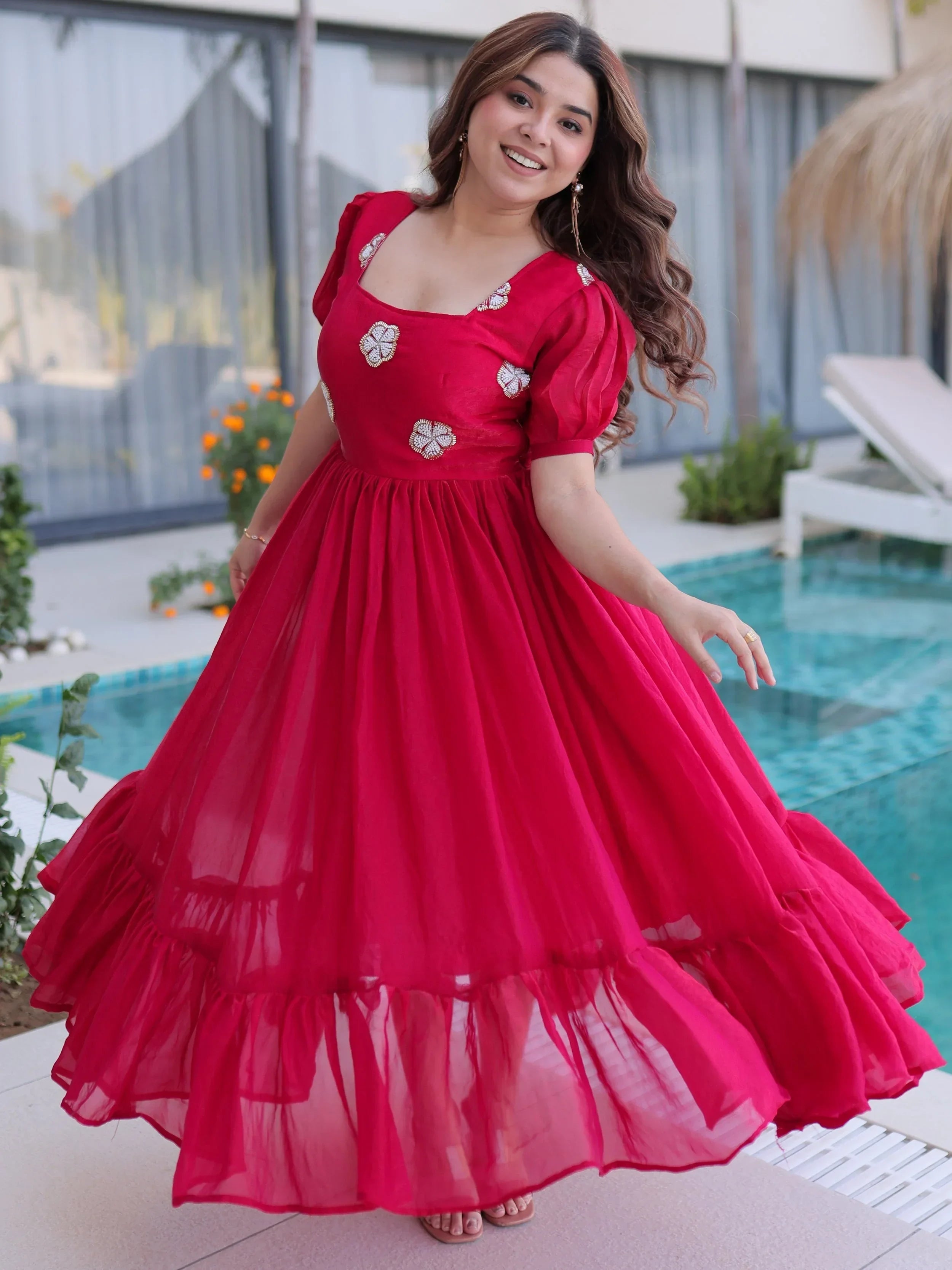 Pink Adorable Beads Work Silk Casual Wear Dress