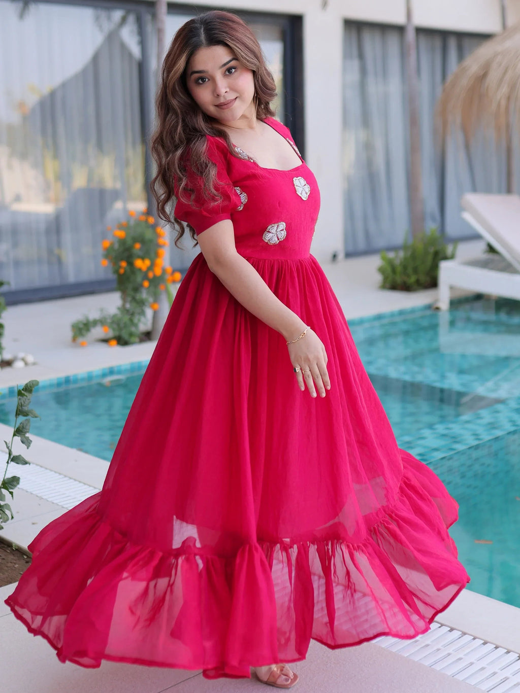 Pink Adorable Beads Work Silk Casual Wear Dress