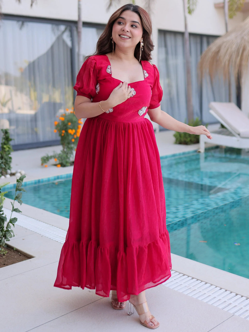 Pink Adorable Beads Work Silk Casual Wear Dress