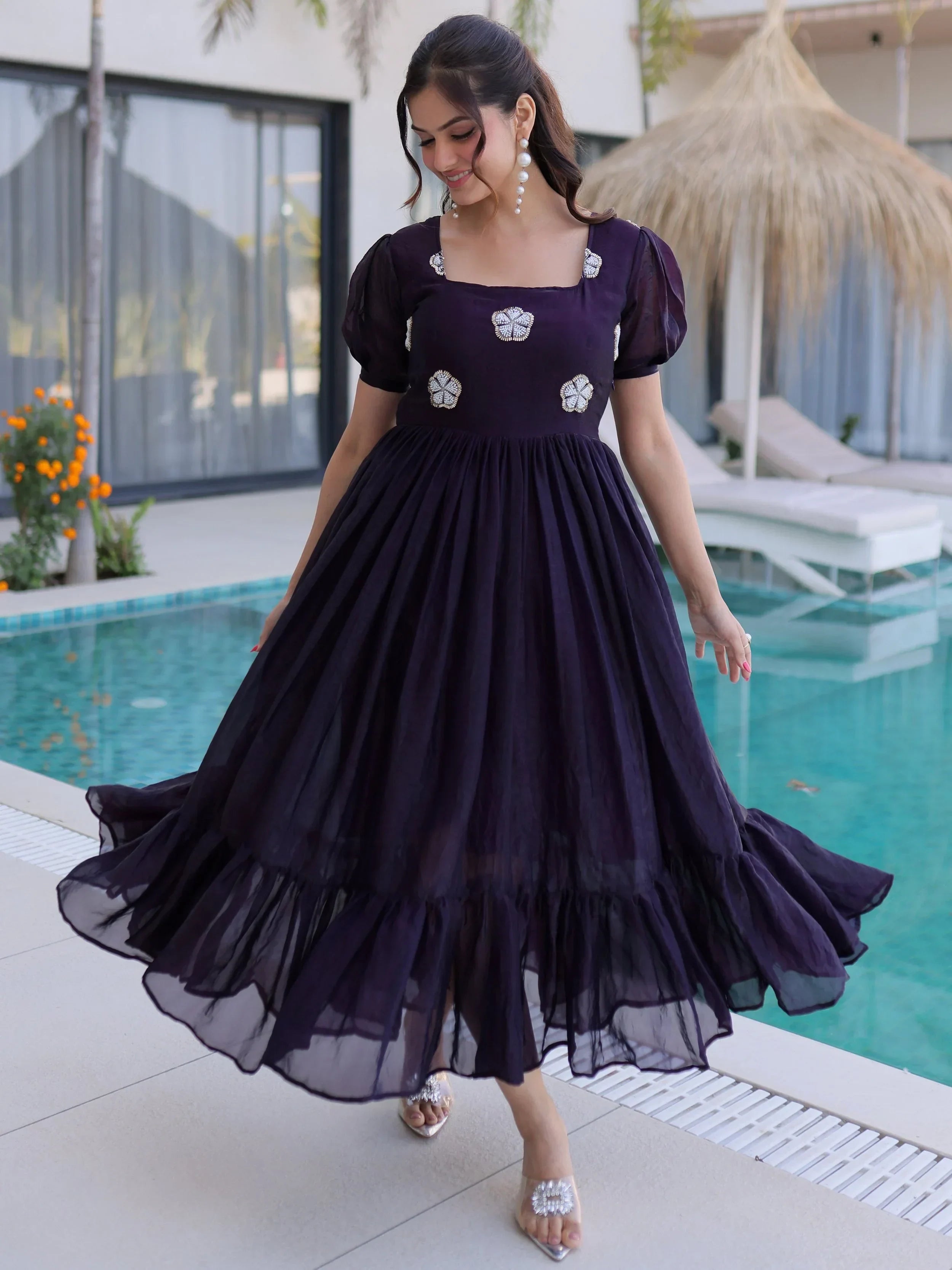 Purple Adorable Beads Work Silk Casual Wear Dress