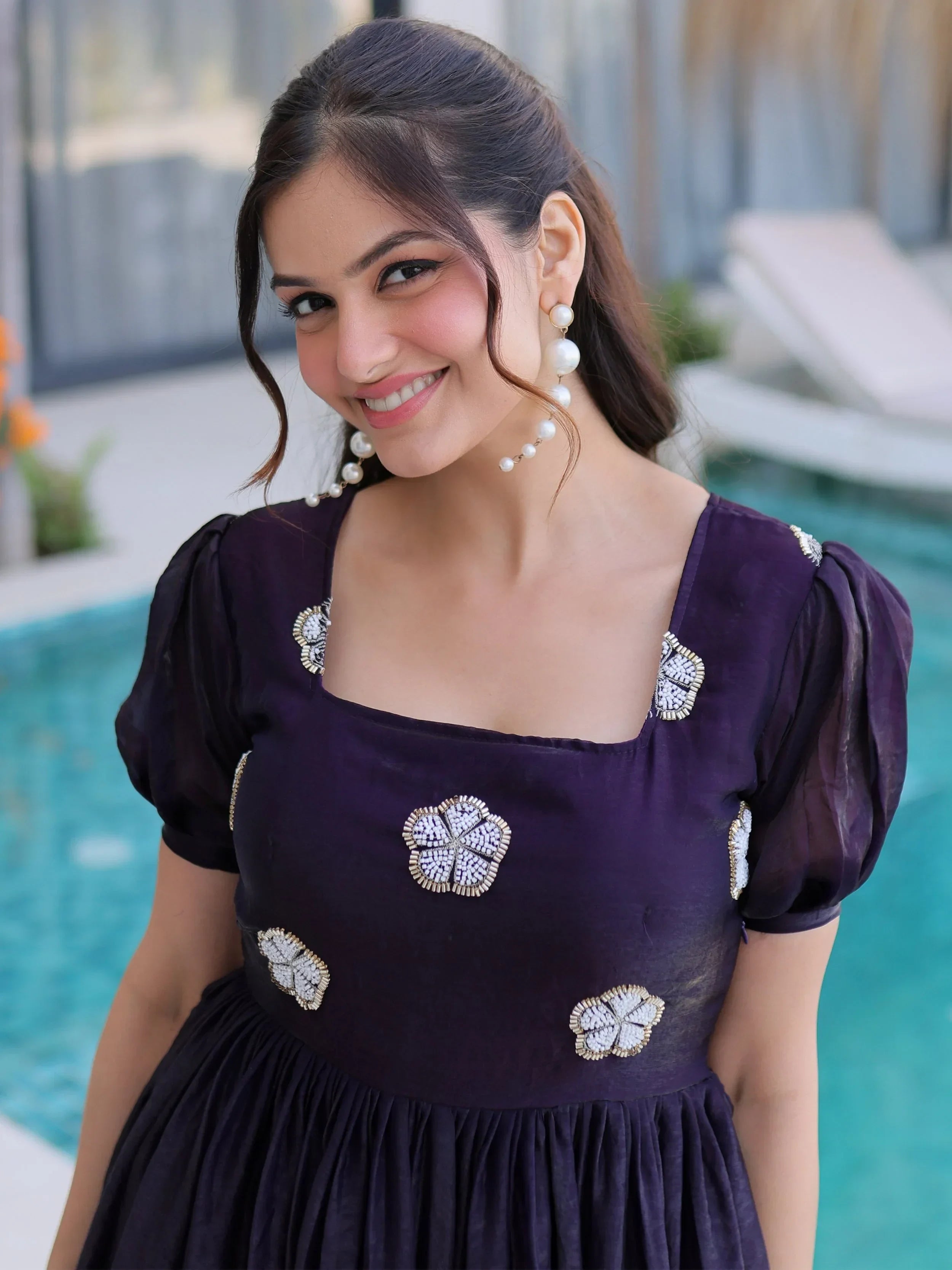 Purple Adorable Beads Work Silk Casual Wear Dress