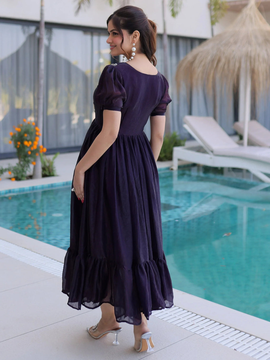 Purple Adorable Beads Work Silk Casual Wear Dress