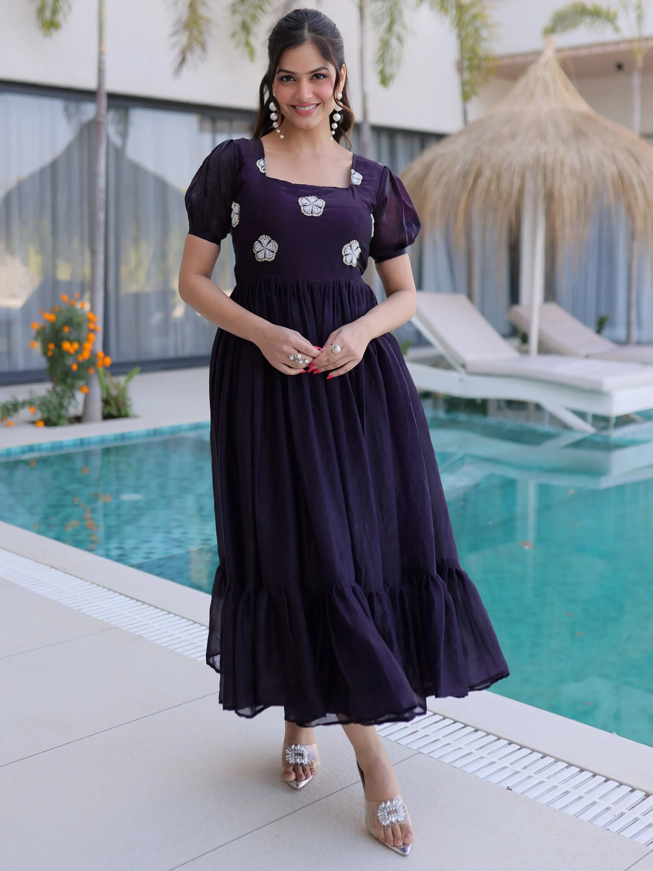 Purple Adorable Beads Work Silk Casual Wear Dress