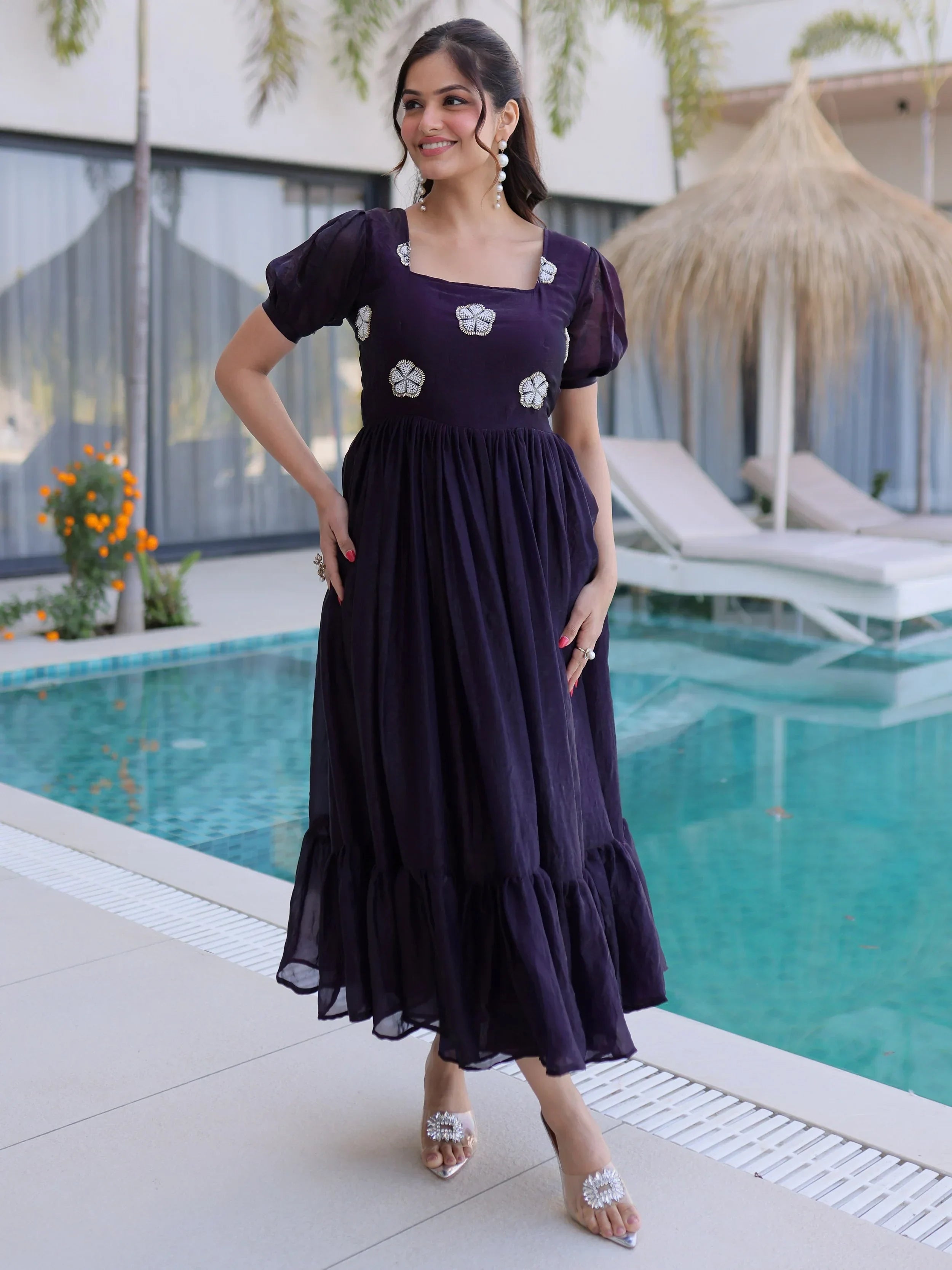 Purple Adorable Beads Work Silk Casual Wear Dress