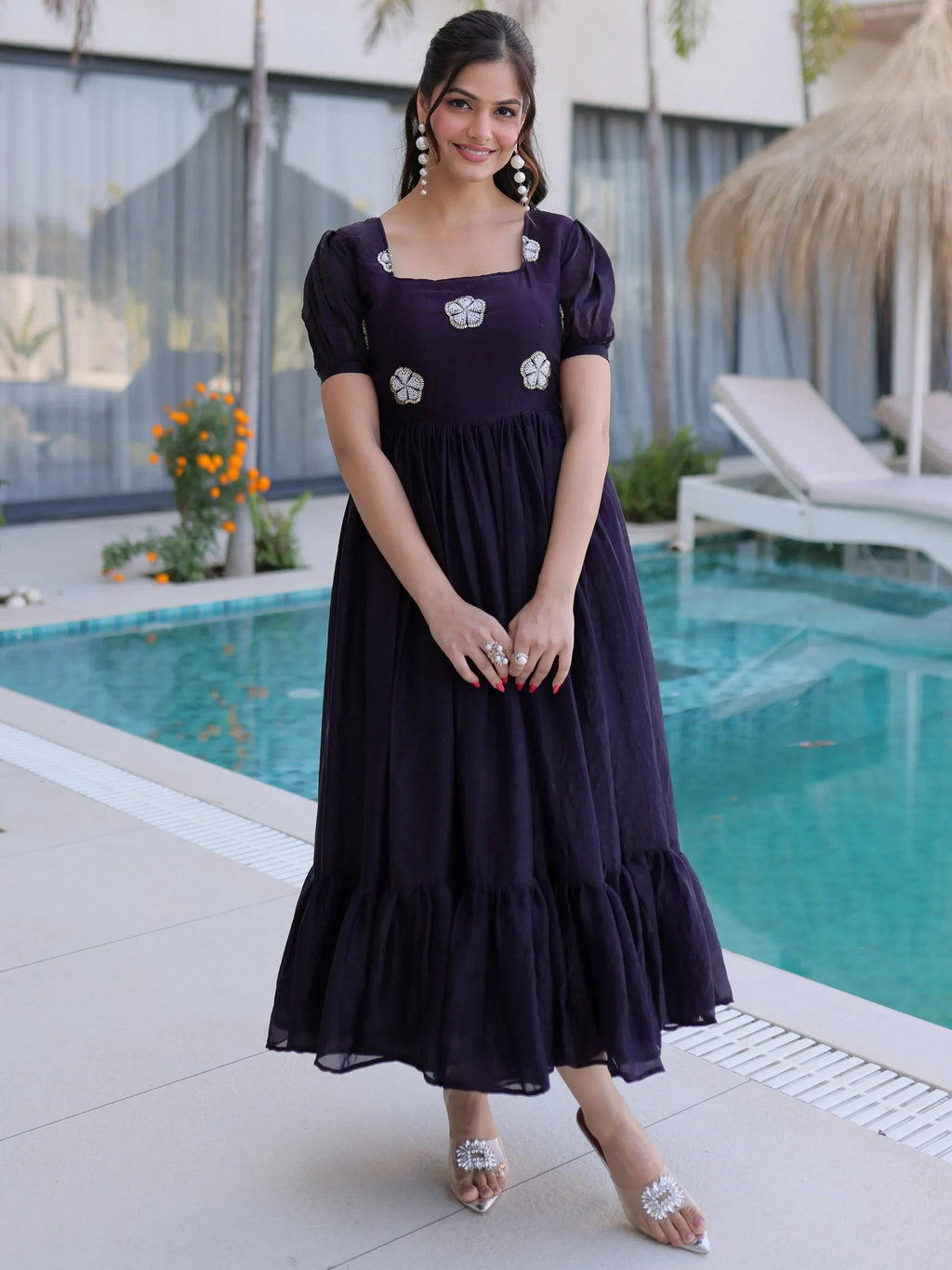 Purple Adorable Beads Work Silk Casual Wear Dress