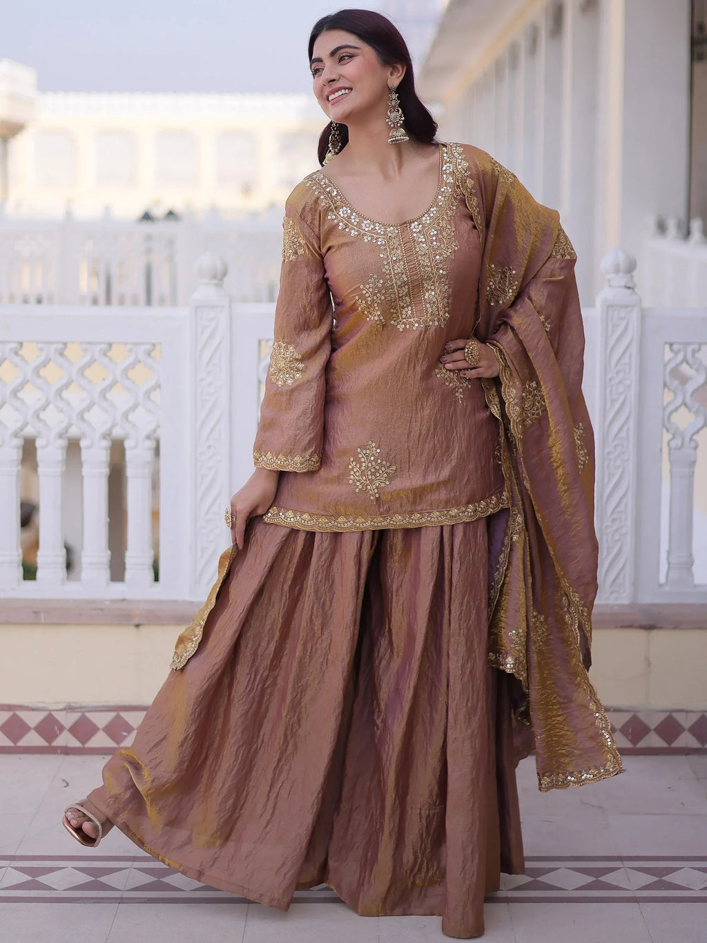 Brown Attractive Sequins Crushed Function Wear Palazzo Suit