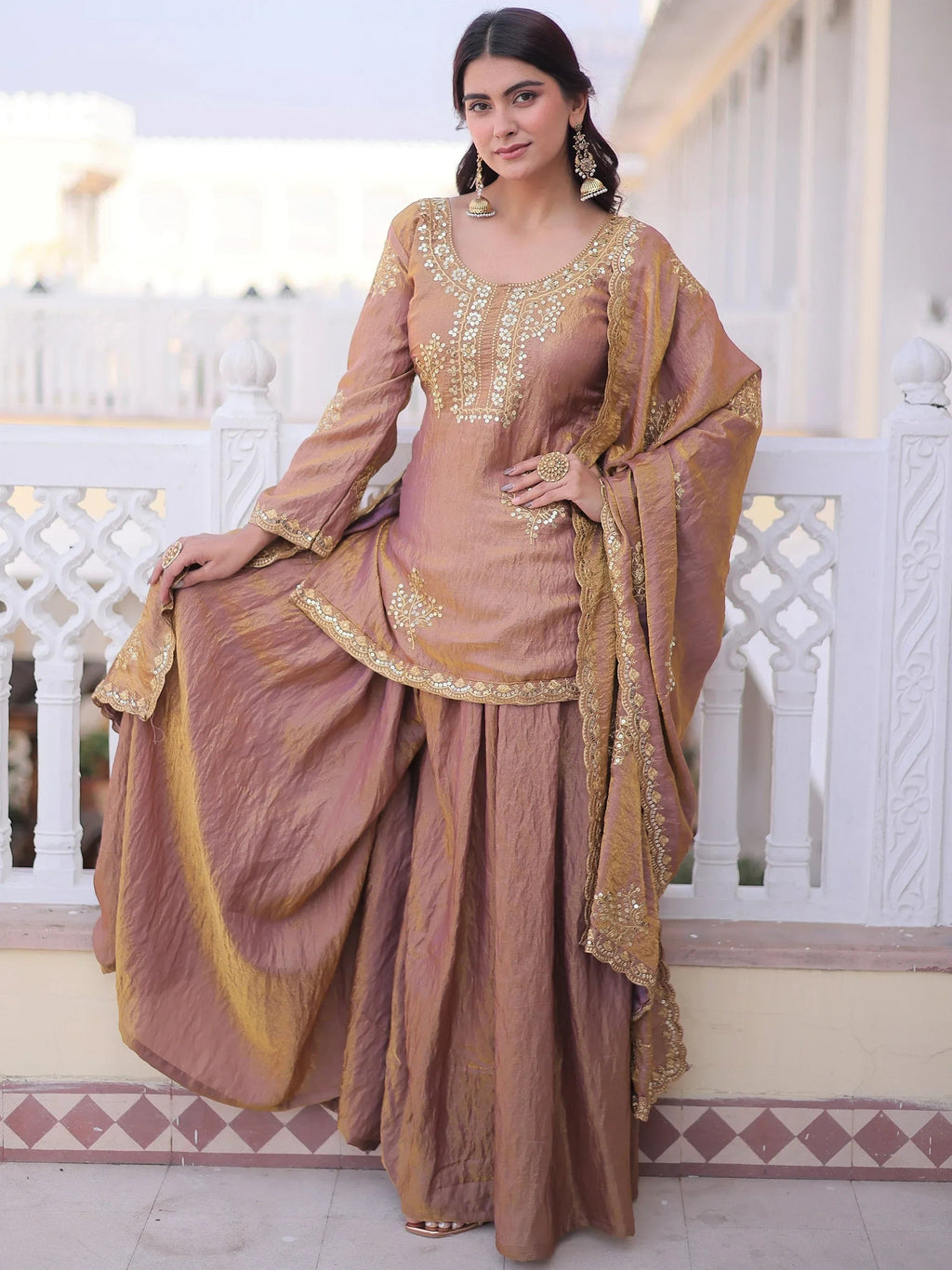 Brown Attractive Sequins Crushed Function Wear Palazzo Suit