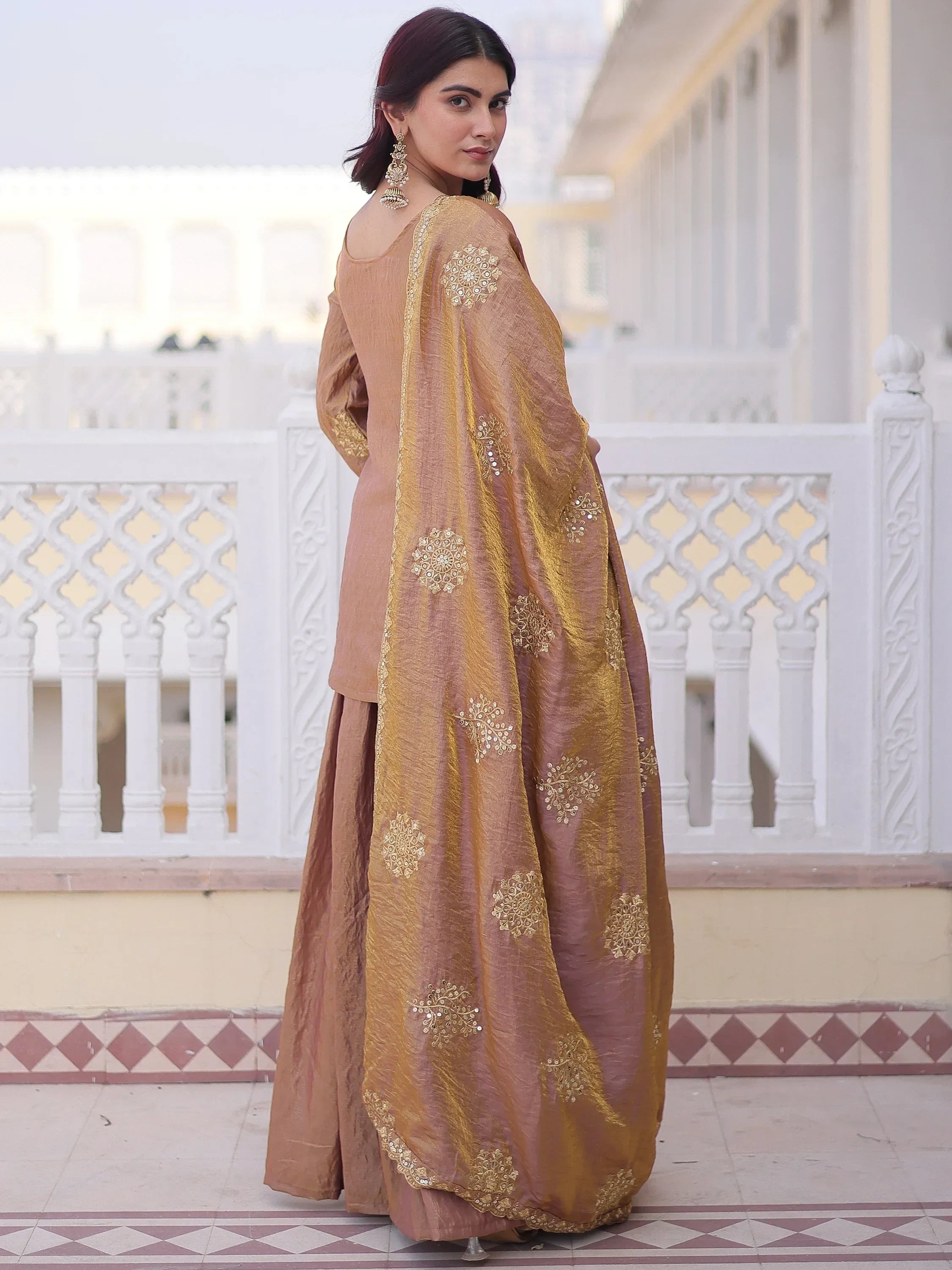 Brown Attractive Sequins Crushed Function Wear Palazzo Suit