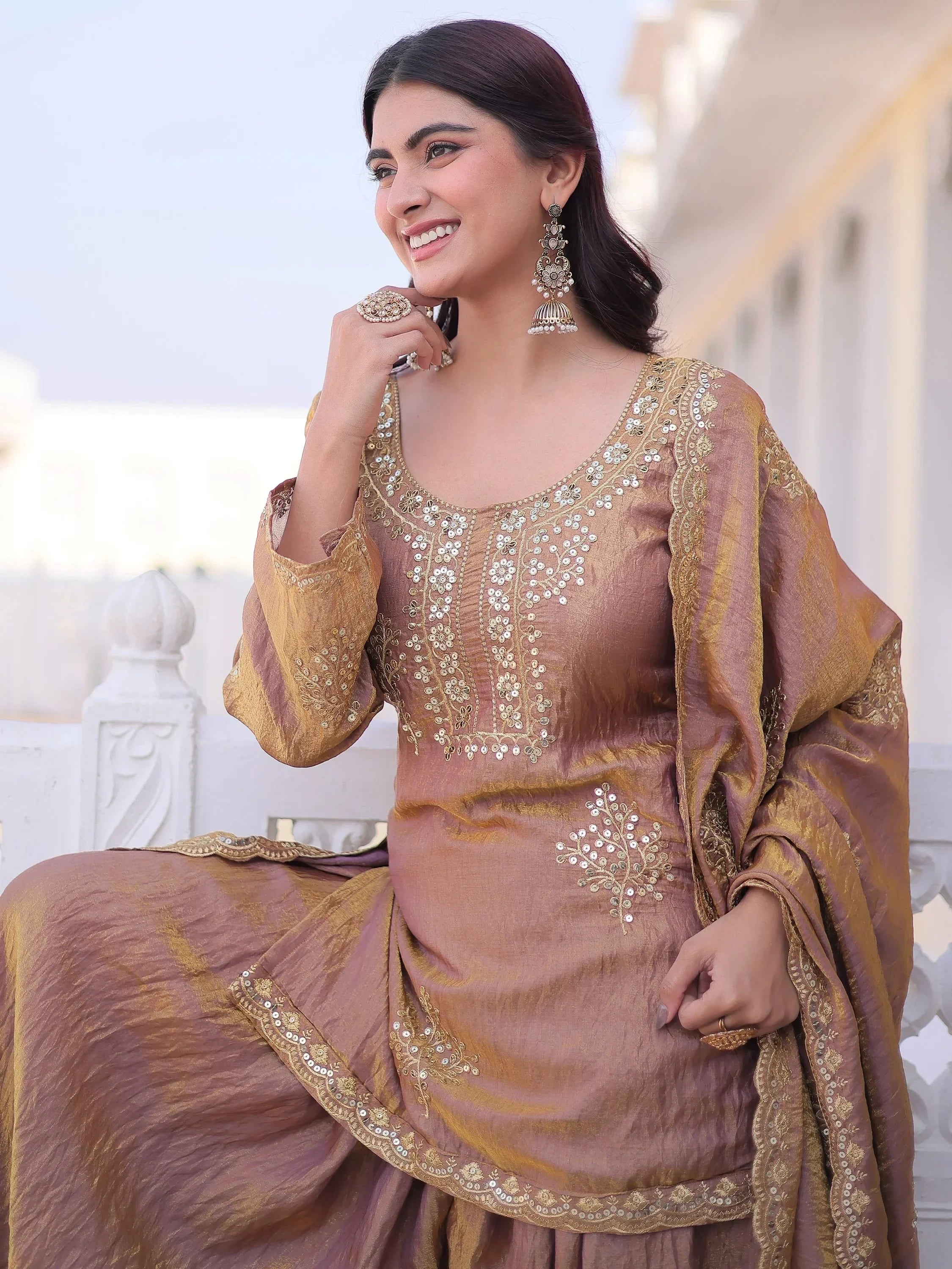 Brown Attractive Sequins Crushed Function Wear Palazzo Suit