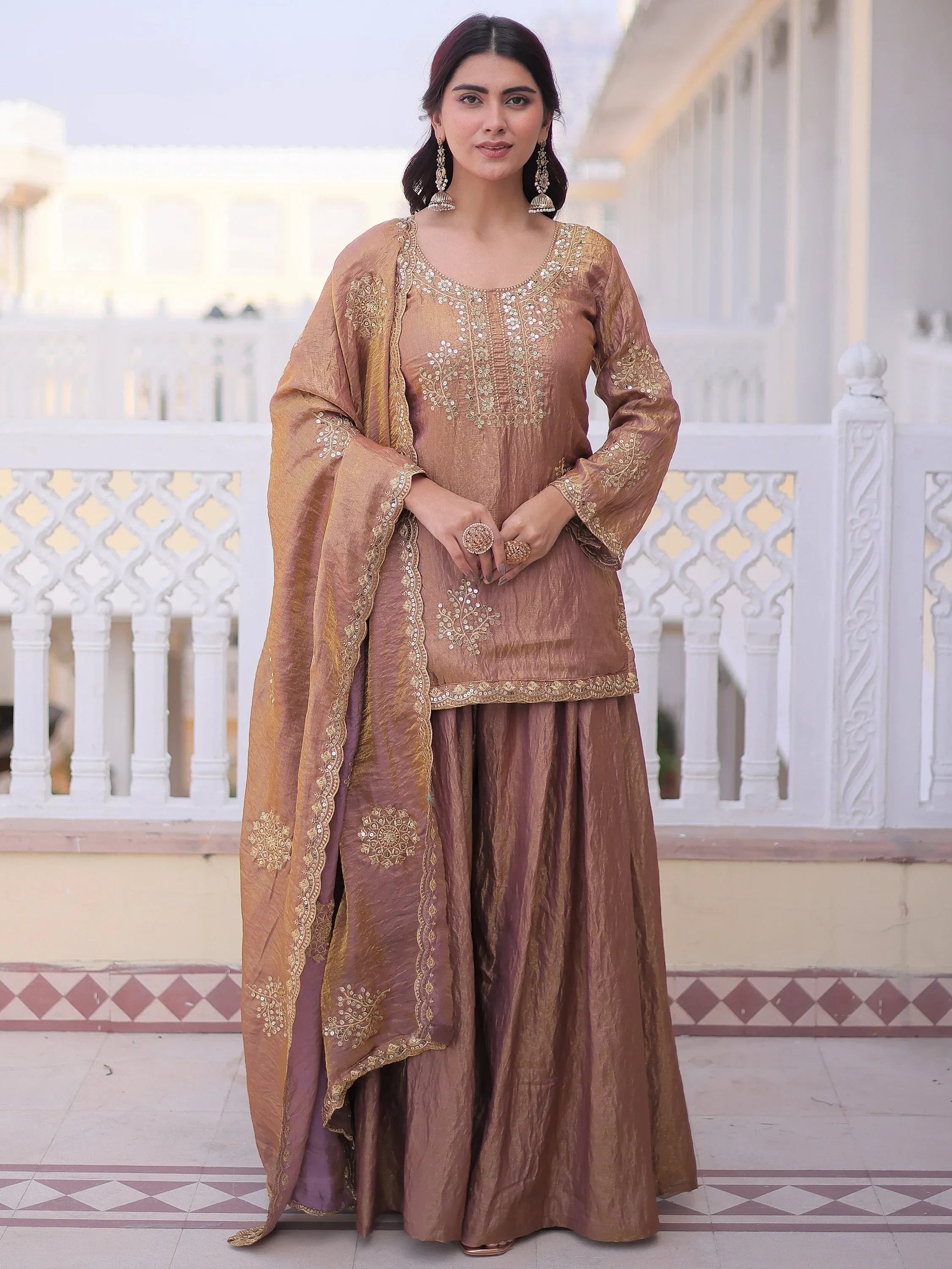 Brown Attractive Sequins Crushed Function Wear Palazzo Suit