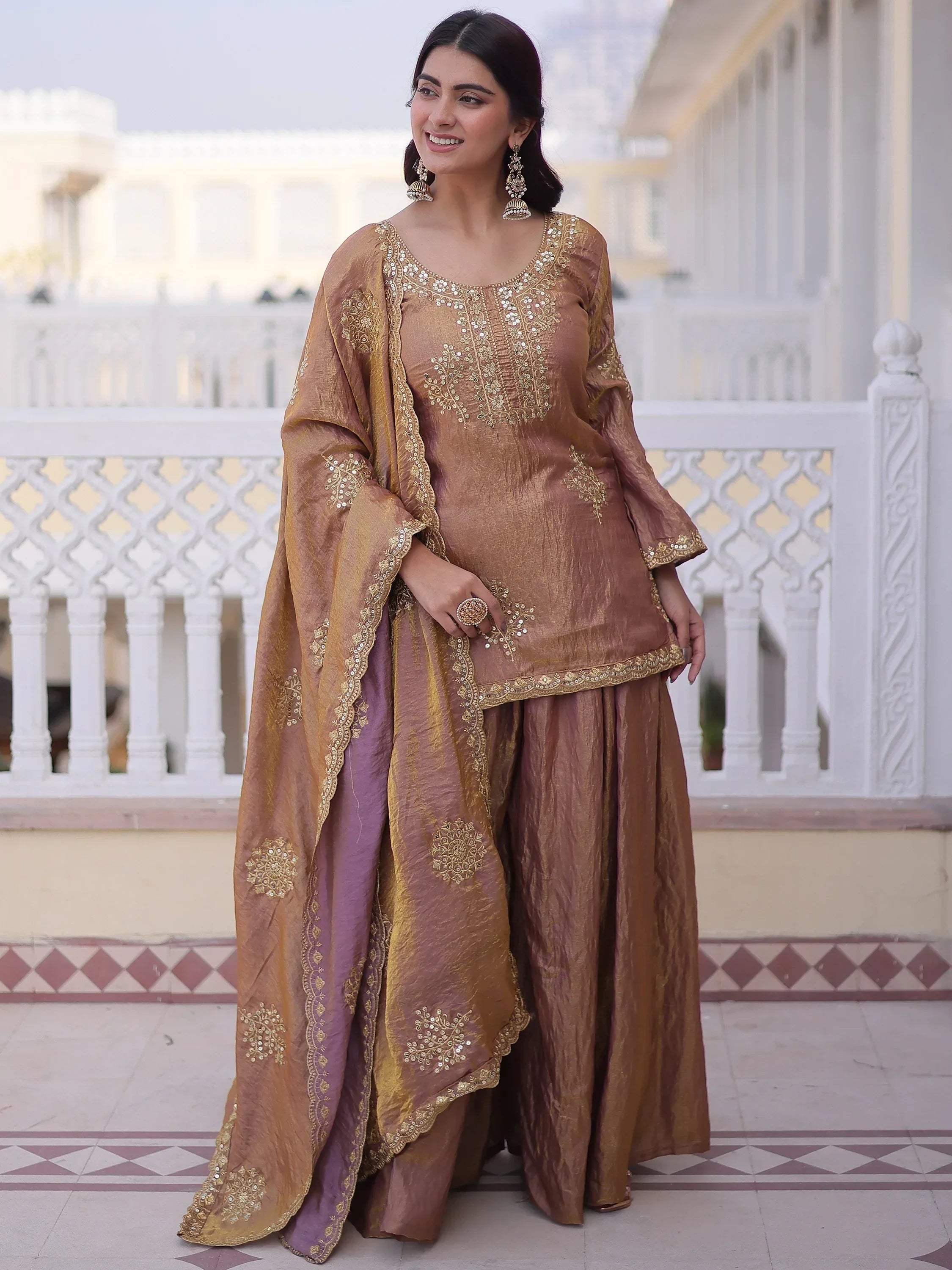 Brown Attractive Sequins Crushed Function Wear Palazzo Suit