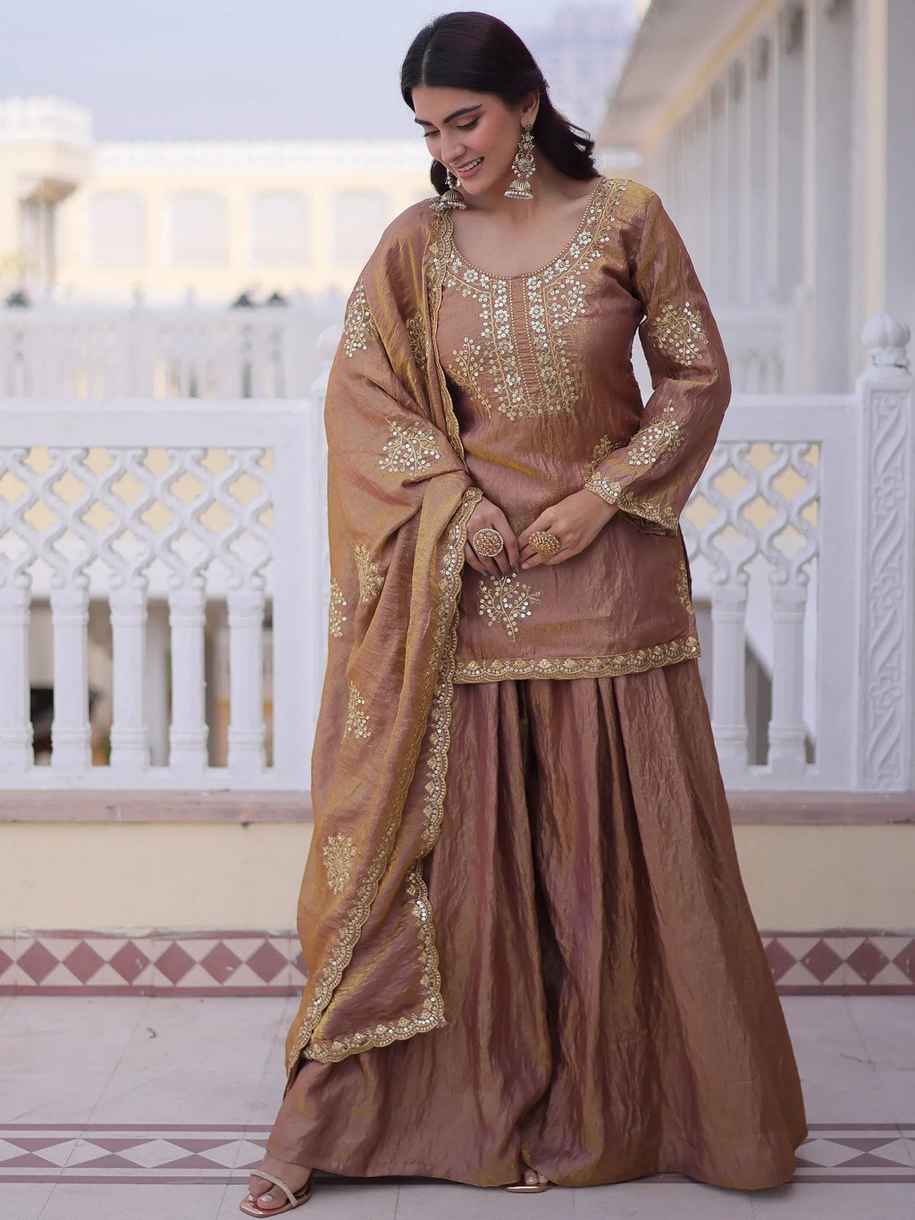 Brown Attractive Sequins Crushed Function Wear Palazzo Suit