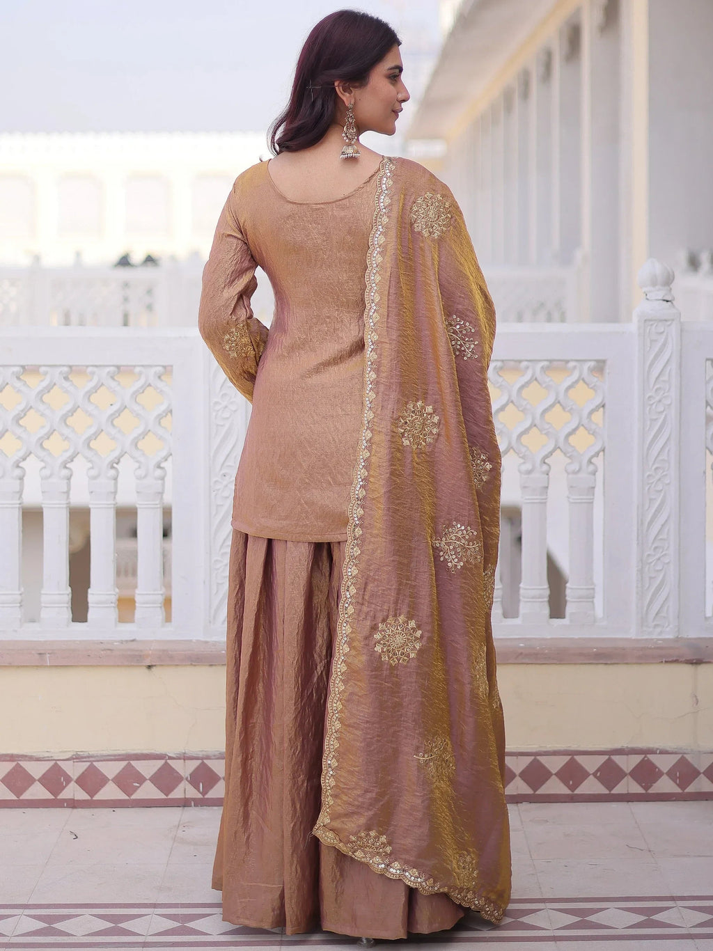 Brown Attractive Sequins Crushed Function Wear Palazzo Suit