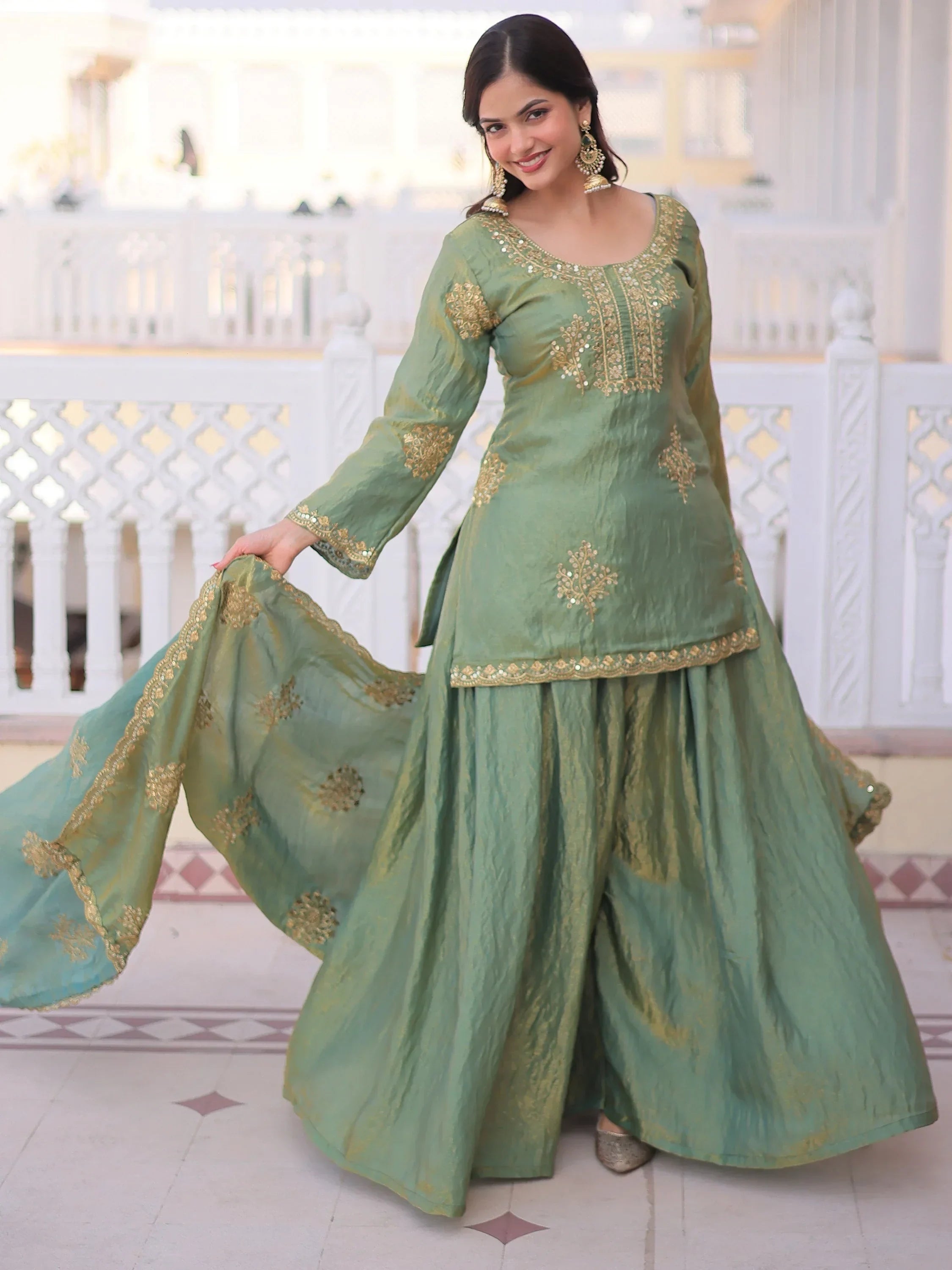Green Attractive Sequins Crushed Function Wear Palazzo Suit
