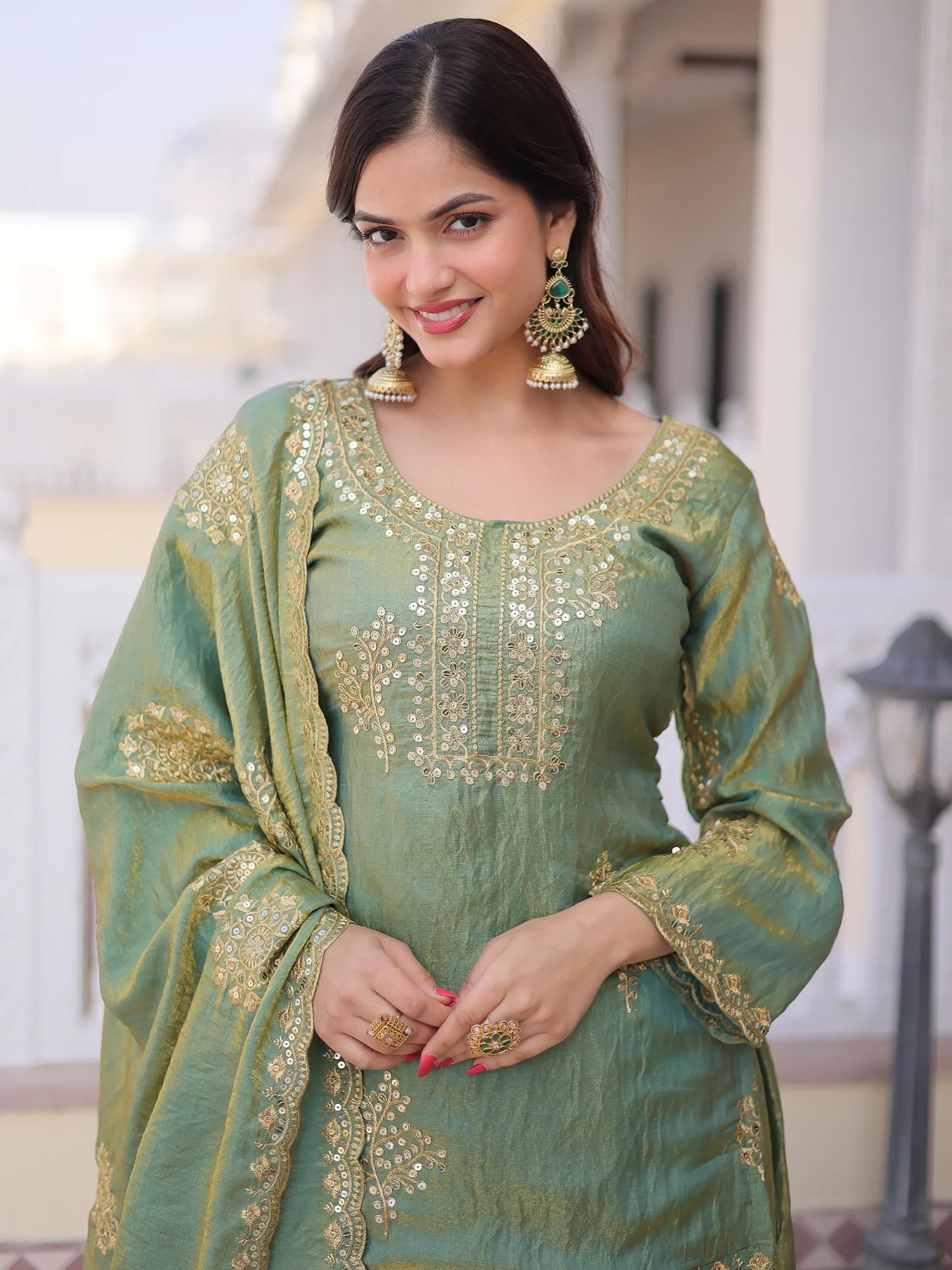 Green Attractive Sequins Crushed Function Wear Palazzo Suit