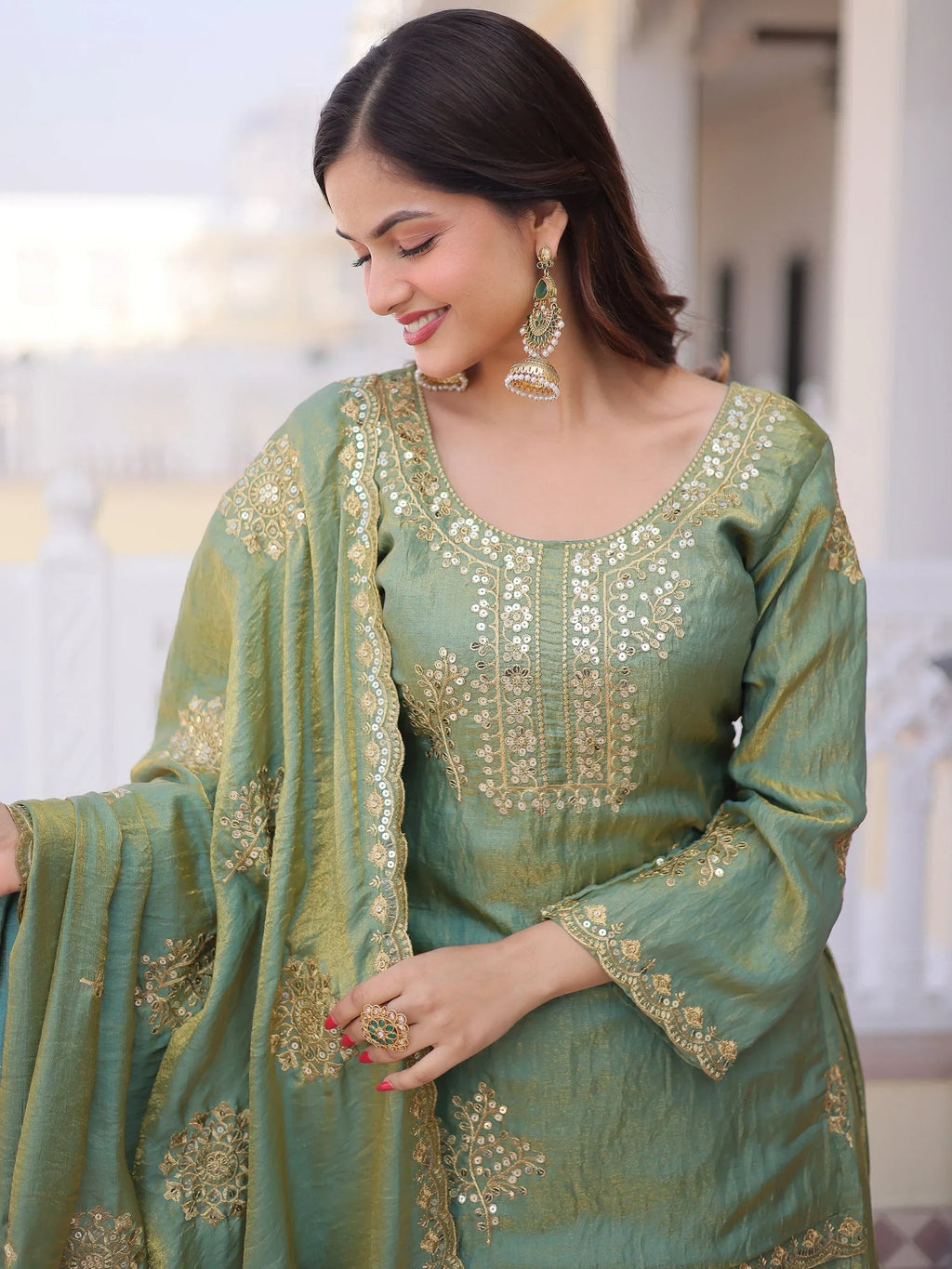 Green Attractive Sequins Crushed Function Wear Palazzo Suit
